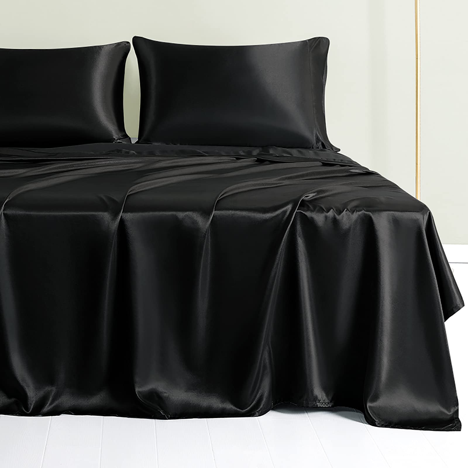 Black Satin Queen Sheet Set - 4pc Deep Pocket for Bedroom Luxury