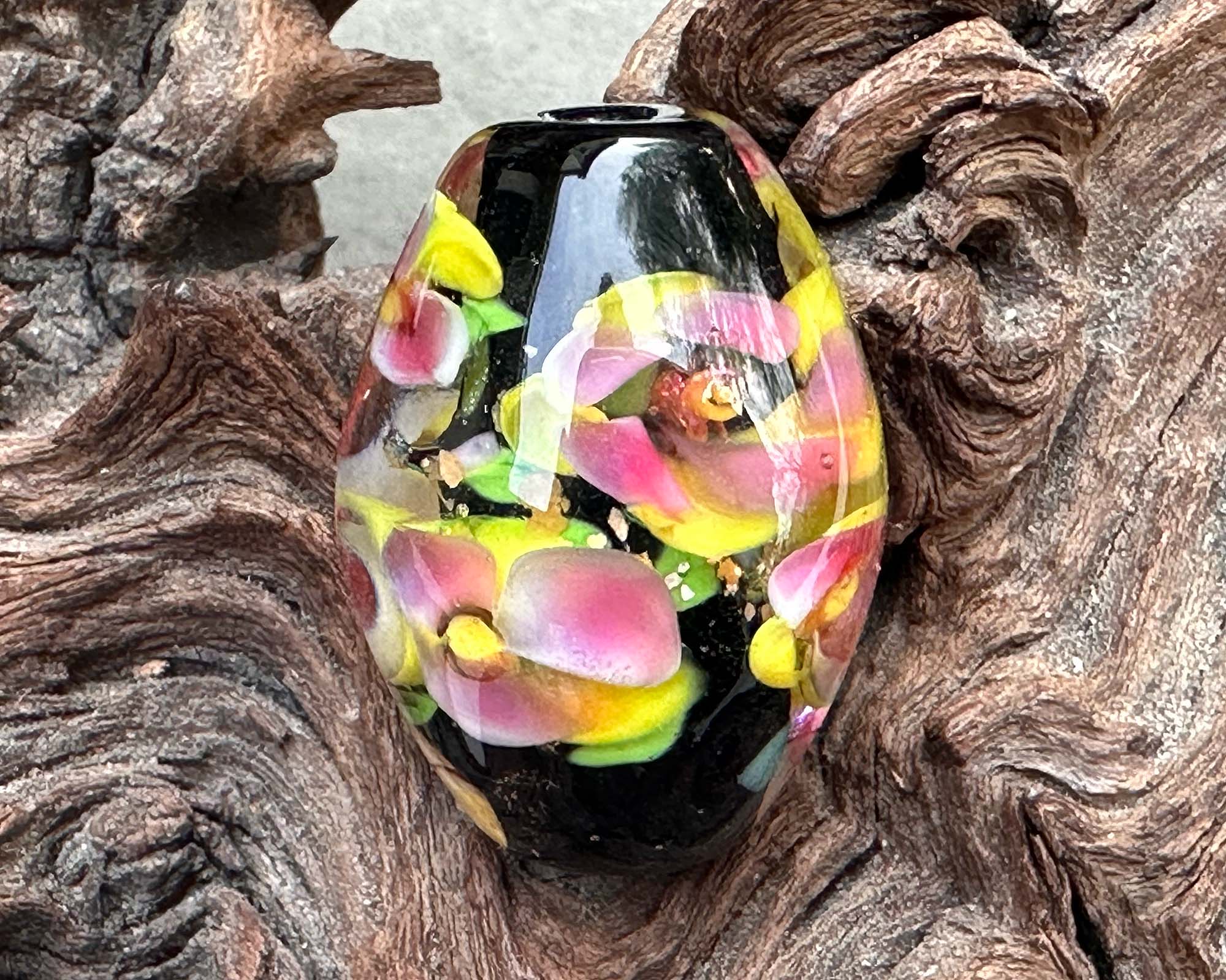 Handmade Yellow Pink Floral Lampwork Glass Focal Bead - SRA Certified Artisan Jewelry Component for Necklaces, Bracelets & DIY Crafting Projects