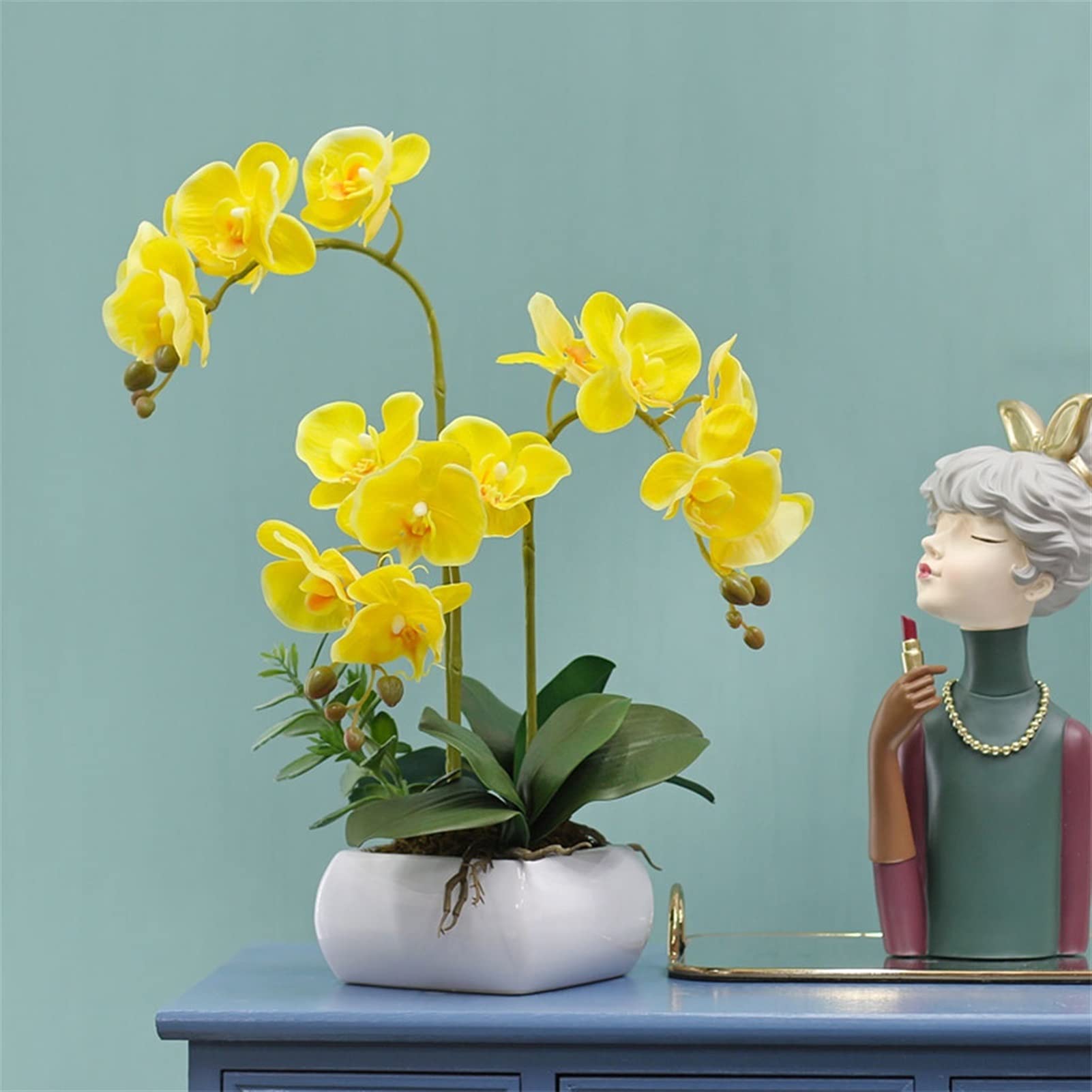 Artificial Phalaenopsis Orchid Flowers - Fake Bonsai Plant with Vase for Home Decor, Dining Table, Living Room & Bedroom | Yellow Silk Floral Arrangement | Perfect for Wedding Centerpieces, Office Decor & Gift Giving