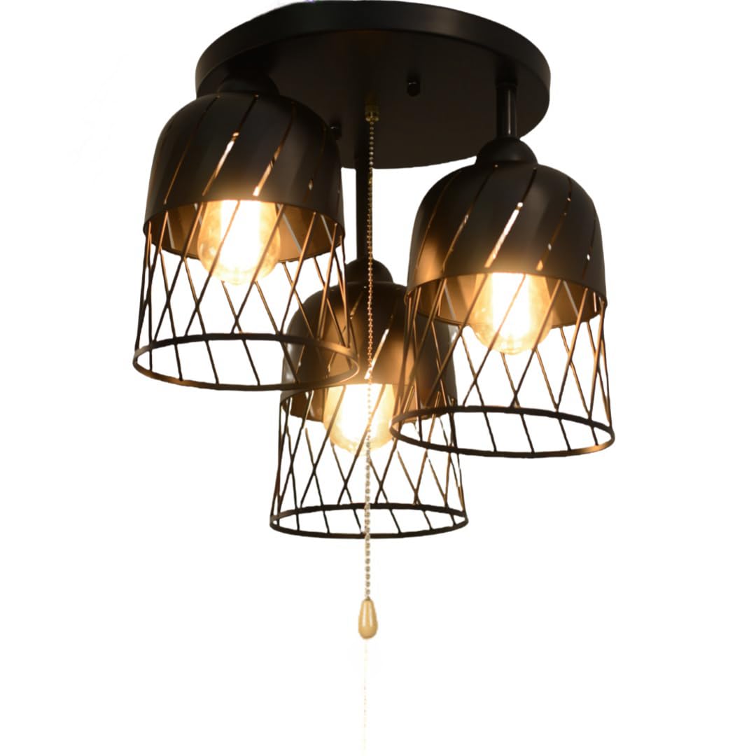 Vintage Industrial Black Ceiling Light Fixture with Pull Chain Switch - Semi Flush Mount Metal Cage Lighting for Living Room, Bedroom, or Kitchen - 3 Light Edison E26 Base - Beuhouz 8086