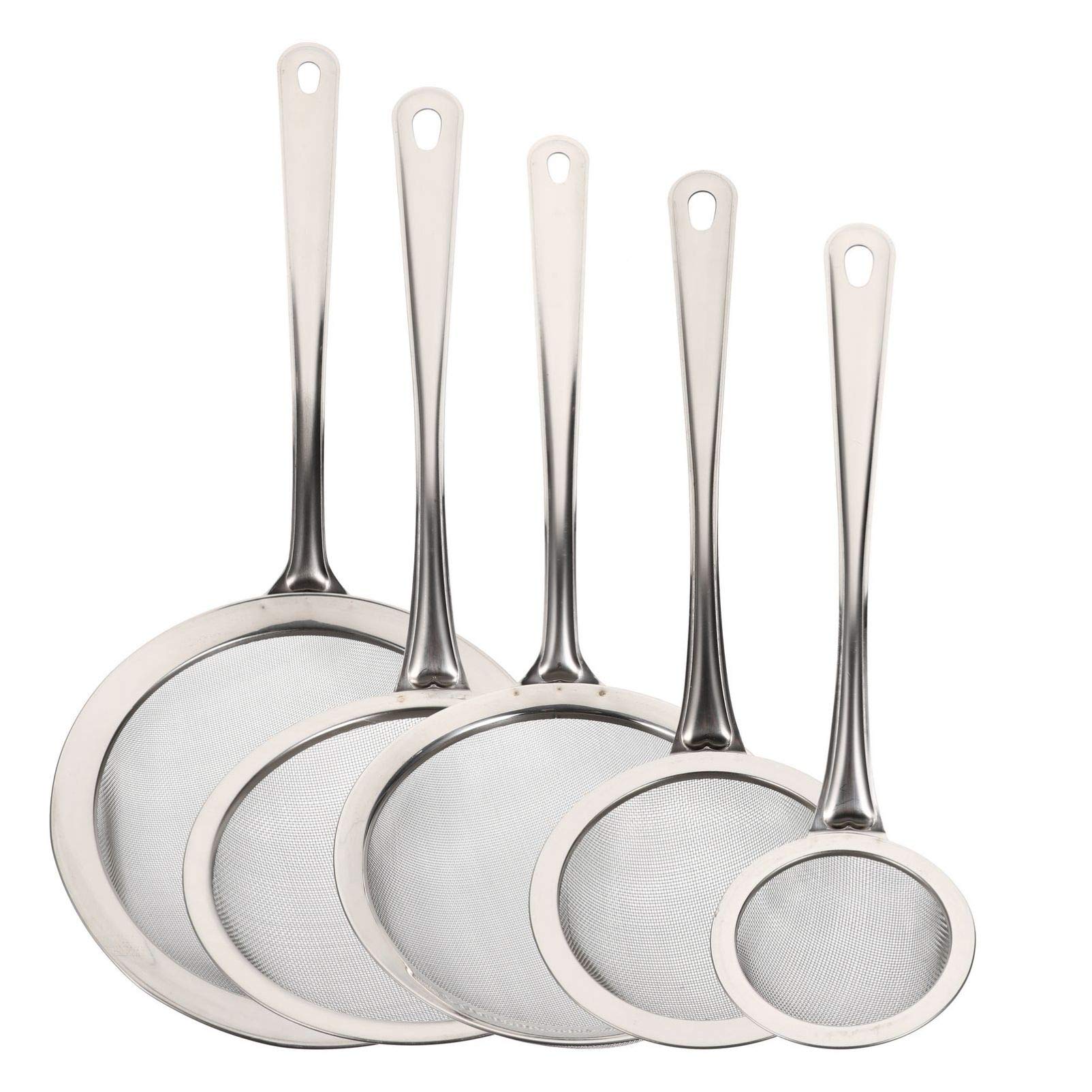 5-Piece Stainless Steel Fine Mesh Strainer Set - Kitchen Sieve, Flour Sifter, Skimmer & Colander for Baking, Frying & Cooking - Perfect for Fried Chicken, Baking, Pasta & More