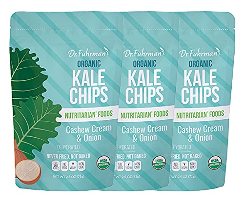 Organic Kale Chips - Cashew Cream & Onion Flavor | Healthy Vegan Snacks | Gluten-Free & Non-GMO | 3-Pack for On-The-Go, Office & Home Snacking