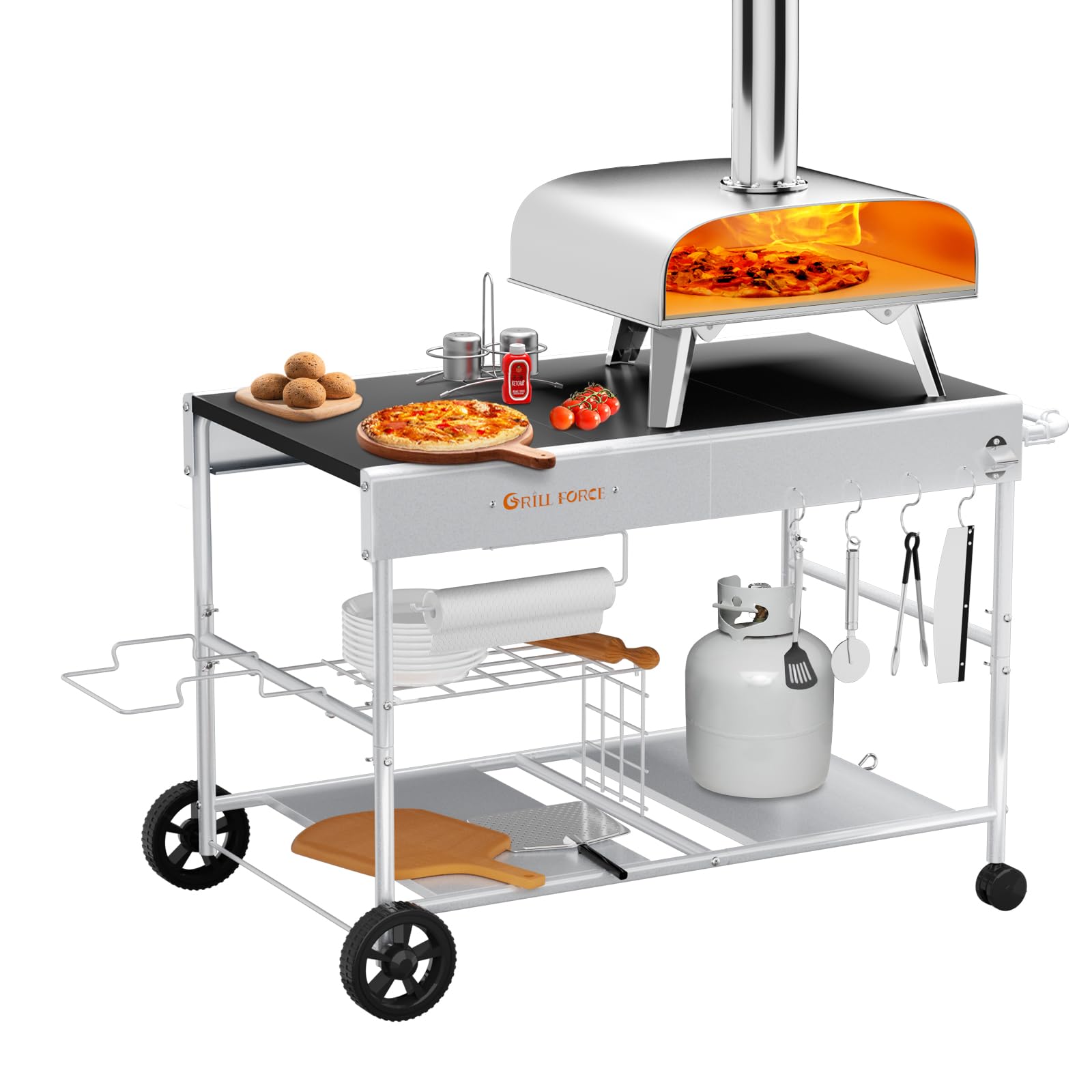 Portable Outdoor Pizza Oven Table for Ooni, Ninja Woodfire & Blackstone - Heavy Duty Grill Cart with Food Prep Space - Movable BBQ Island for Backyard, Patio & Camping Cooking | Perfect for Outdoor Entertaining & Pizza Parties