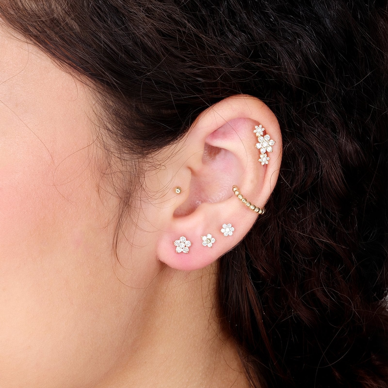 14k Rose Gold Five Diamond Flower Stud Earrings for Women - Elegant Floral Flat Back Earrings for Daily Wear & Special Occasions
