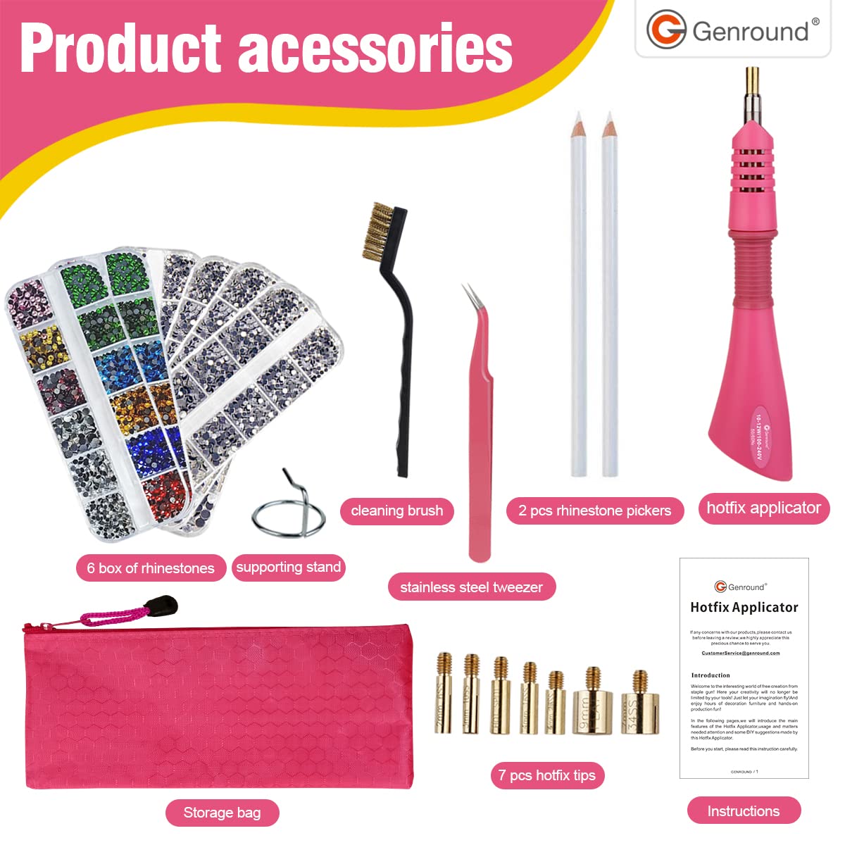 Hotfix Applicator Tool Kit - Genround Bedazzler with Rhinestones, Iron-on Wand, 6 Boxes Round Crystal Gems, Storage Box, Tweezer & Picking Pen for DIY Clothing, Costumes & Fashion Accessories Decoration