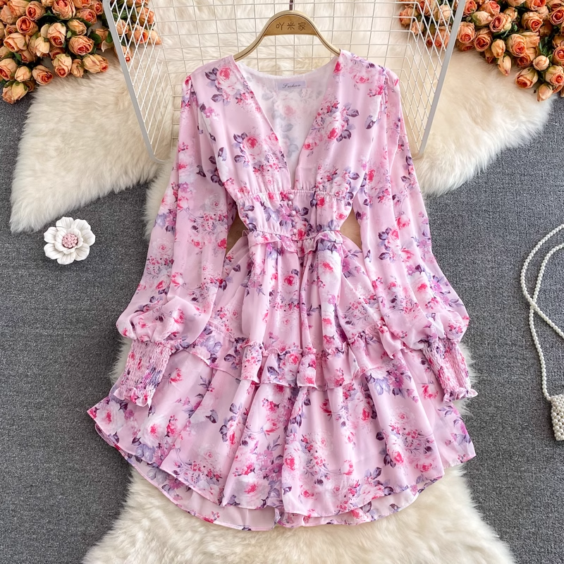 Fairy French V-Neck Ruffle Skirt Floral Chiffon Dress - Elegant Summer Party Dress for Women, Perfect for Weddings, Garden Parties & Date Nights