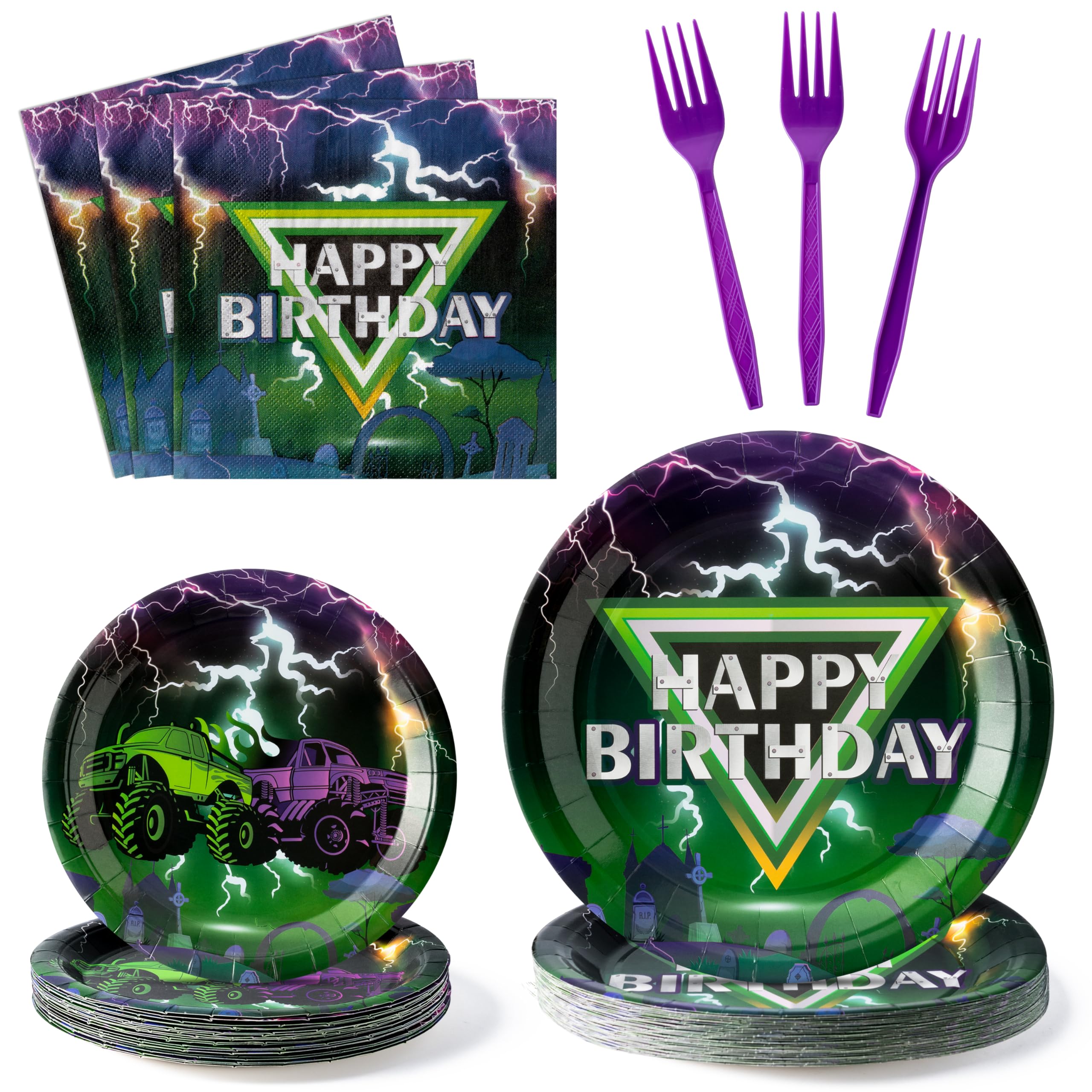 96-Piece Monster Truck Party Supplies Set - Green & Purple Disposable Paper Plates, Napkins, Forks for Kids Birthday, Baby Shower (Serves 24) | Durable Tableware Decorations for Themed Parties & Celebrations
