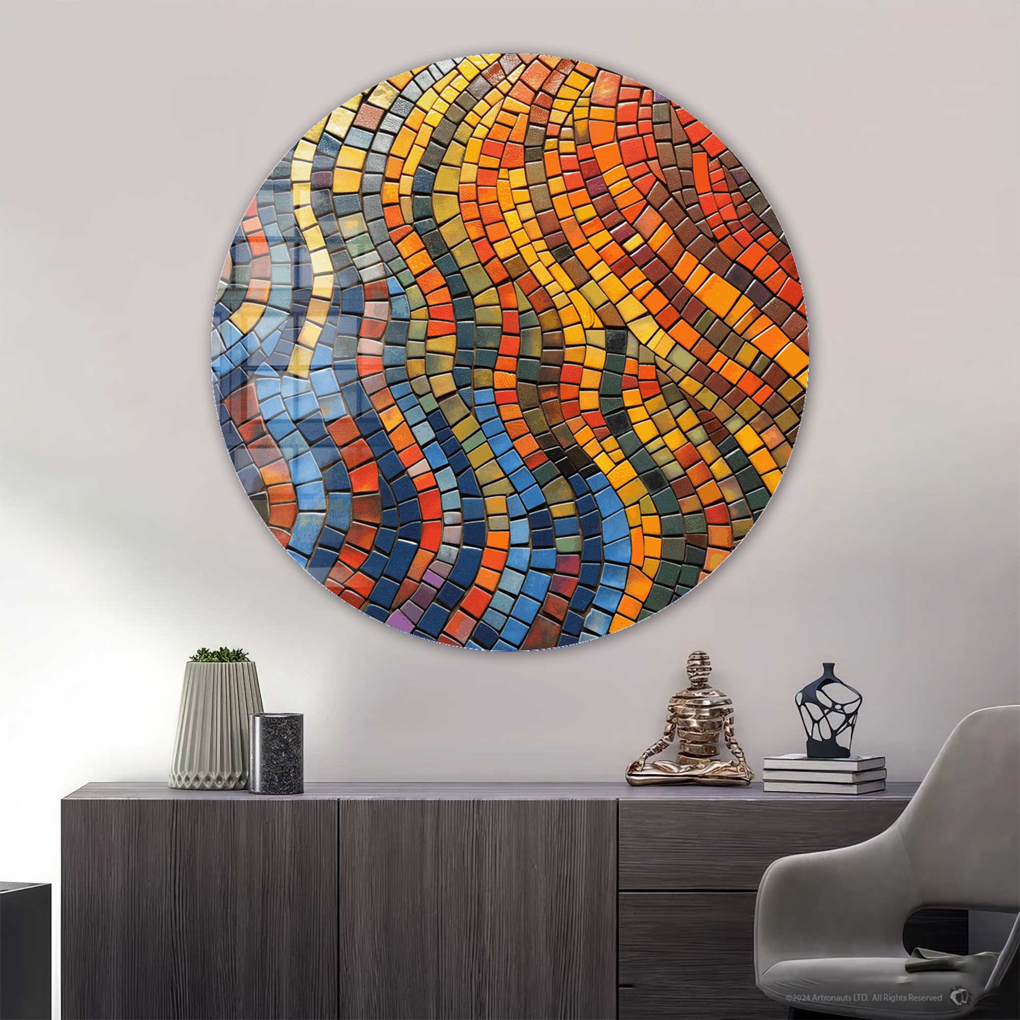 Modern Mosaic Circles Rounded Glass Wall Art - Handmade Home Decor for Living Room, Bedroom & Office