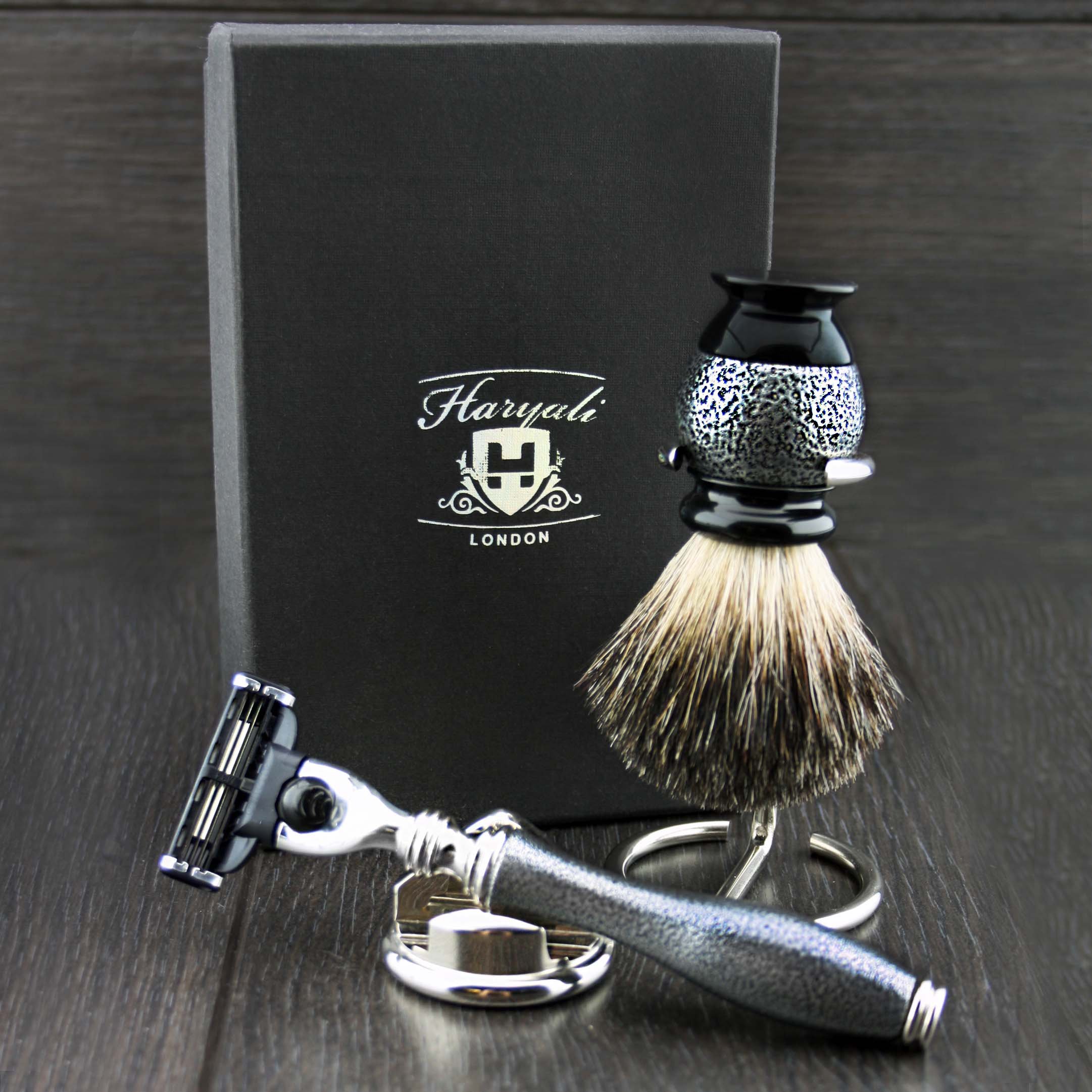4 Piece Men's Shaving Kit with 3 Edge Razor, Black Badger Hair Shaving Brush & Stands - Premium Grooming Set for Smooth Shaving - Perfect Gift for Father's Day, Birthday & Travel Essentials