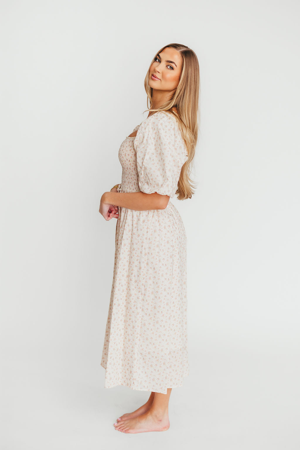 Maeve Women's 100% Cotton Puff Sleeve Midi Dress - Dainty Pink Floral Print | Casual Summer Dress for Beach, Garden Parties & Date Nights