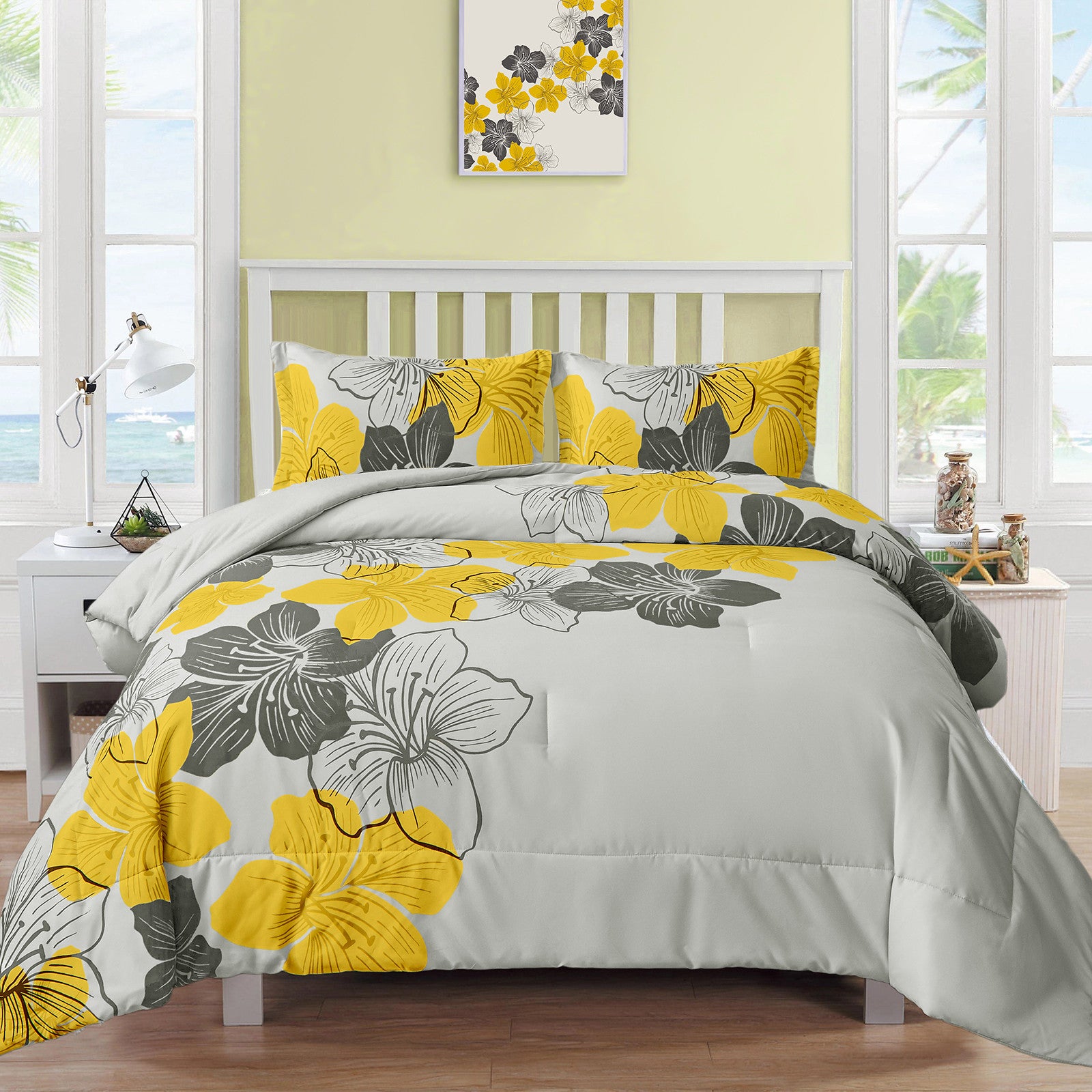 King Size Floral Comforter Set - 3 Piece Yellow Flower Bedding with Lightweight Microfiber - Perfect for Master Bedroom, Guest Room & Cozy Home Decor