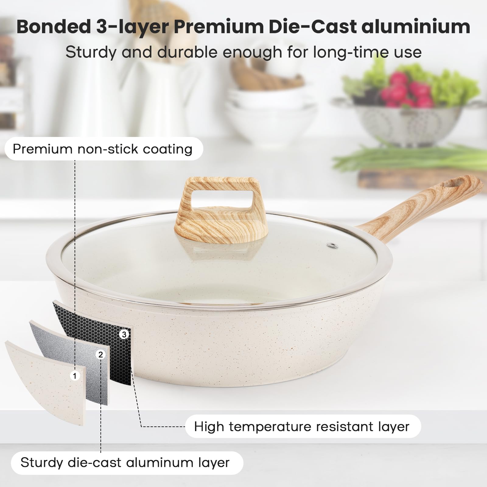 12-Piece Nonstick Cookware Set - White Granite Induction Pots & Pans, PFAS/PFOA/PFOS Free Healthy Kitchen Cooking Set with Frying Pans, Saucepans & Steamer | Perfect for Home Cooking, Meal Prep & Induction Stovetops