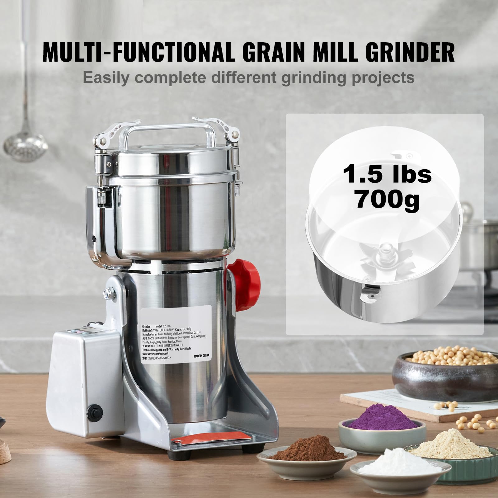 VEVOR 700g Electric Grain Mill Grinder - 2500W High-Speed Commercial Grinder, Stainless Steel Dry Grain & Coffee Grinder for Corn, Pepper, Cereals - Perfect for Home Kitchens, Bakeries & Coffee Shops