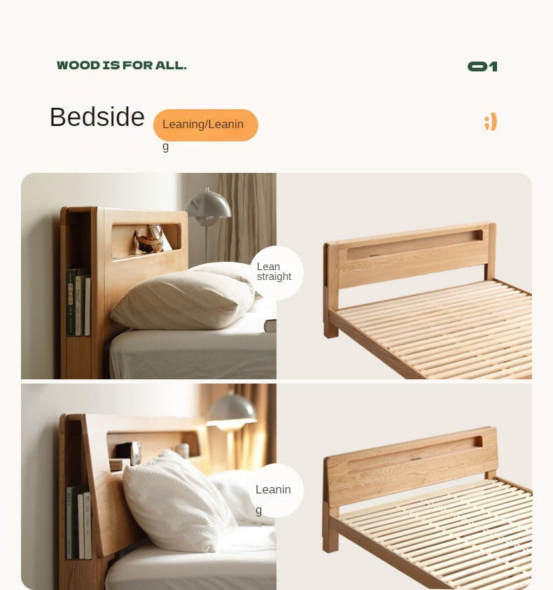 Solid Oak and Beech Wood Bed with Built-in LED Lights and Bookshelf - Modern Bedroom Furniture for Small Spaces, Lofts, and Studio Apartments