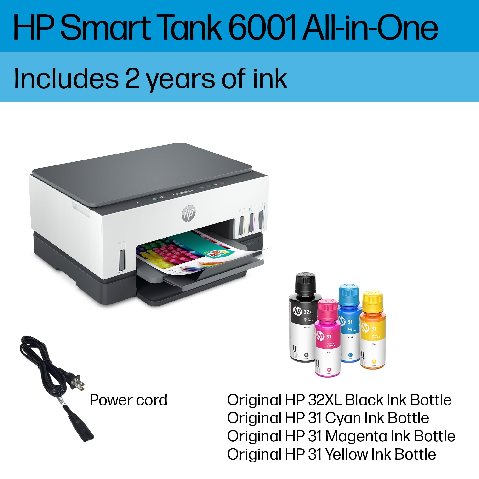 HP Smart-Tank 6001 Wireless All-in-One Ink Tank Printer - Cartridge-Free with 2 Years of Ink, Mobile Print/Scan/Copy (2H0B9A) - Perfect for Home Office & Small Business Printing Needs