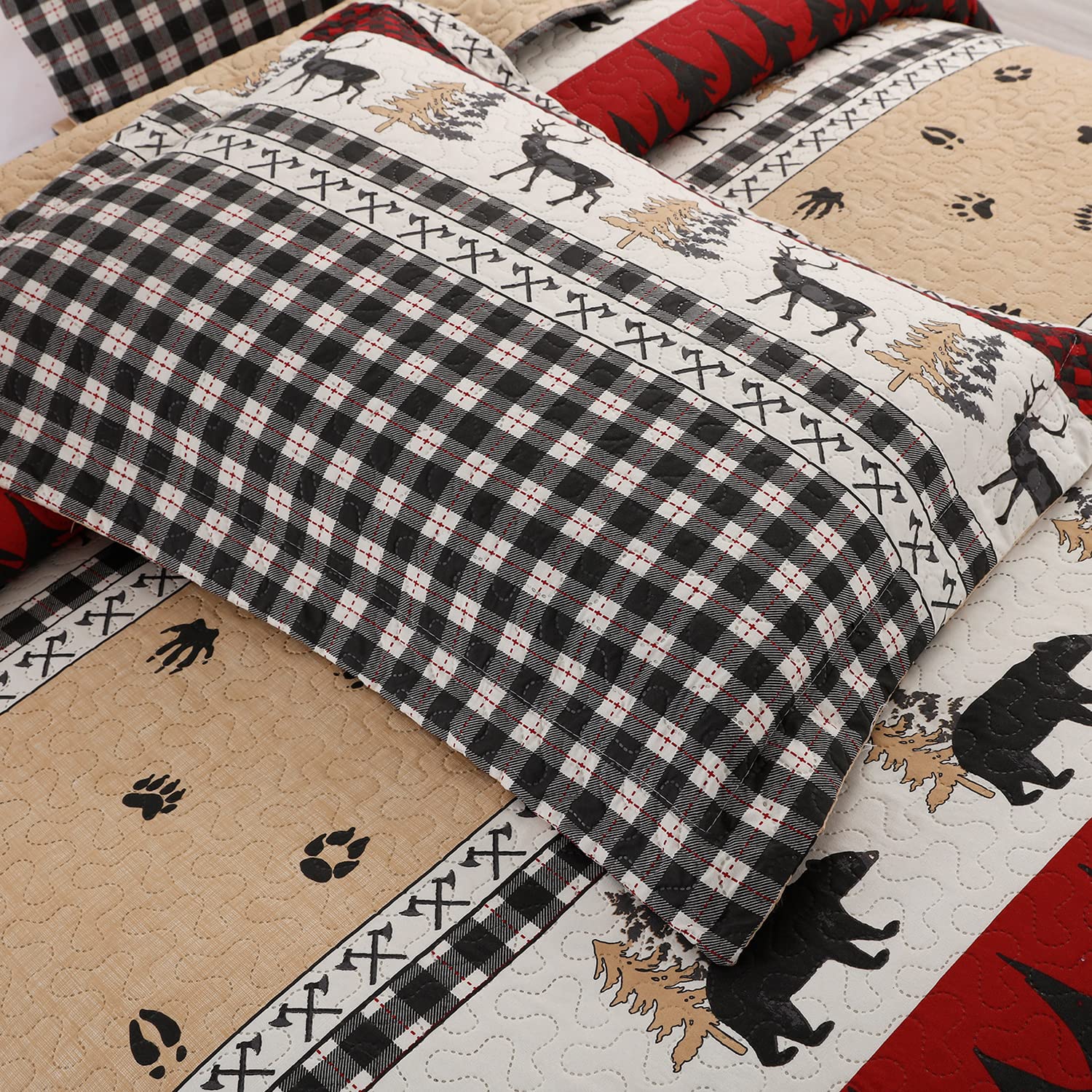 King Size Rustic Quilt Set - Reversible Buffalo Plaid Bedspread with Moose & Bear Design | Lightweight Country Lodge Bedding for Cabin, Farmhouse & Cozy Home Decor | Perfect for Guest Rooms, Master Bedrooms & Winter Warmth
