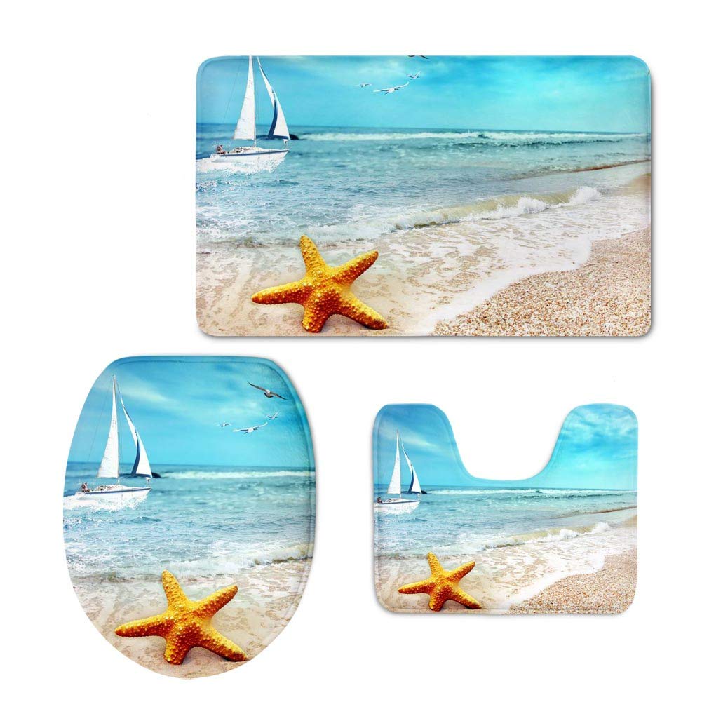 UNICEU Non-Slip Bath Mat Set - 3 Piece Starfish & Seashell Design Bathroom Rug for Toilet, Shower & Pedestal | Soft Absorbent Microfiber for Beach Themed Decor & Safety