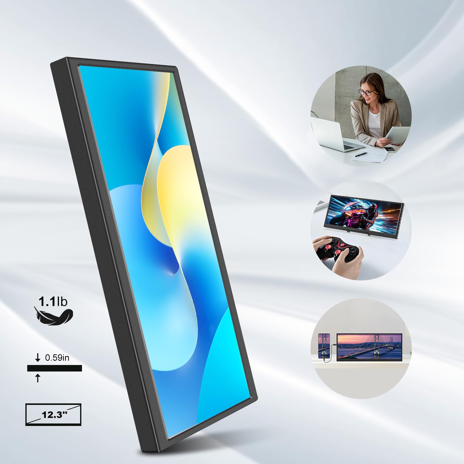 12.3 Inch Portable Touchscreen Monitor - IPS Stretched Bar LCD Display 1920x720, Mini HDMI & USB-C, Secondary Screen for Laptop - Perfect for Travel, Work & GPU/CPU/RAM Monitoring with Aida64 on Windows