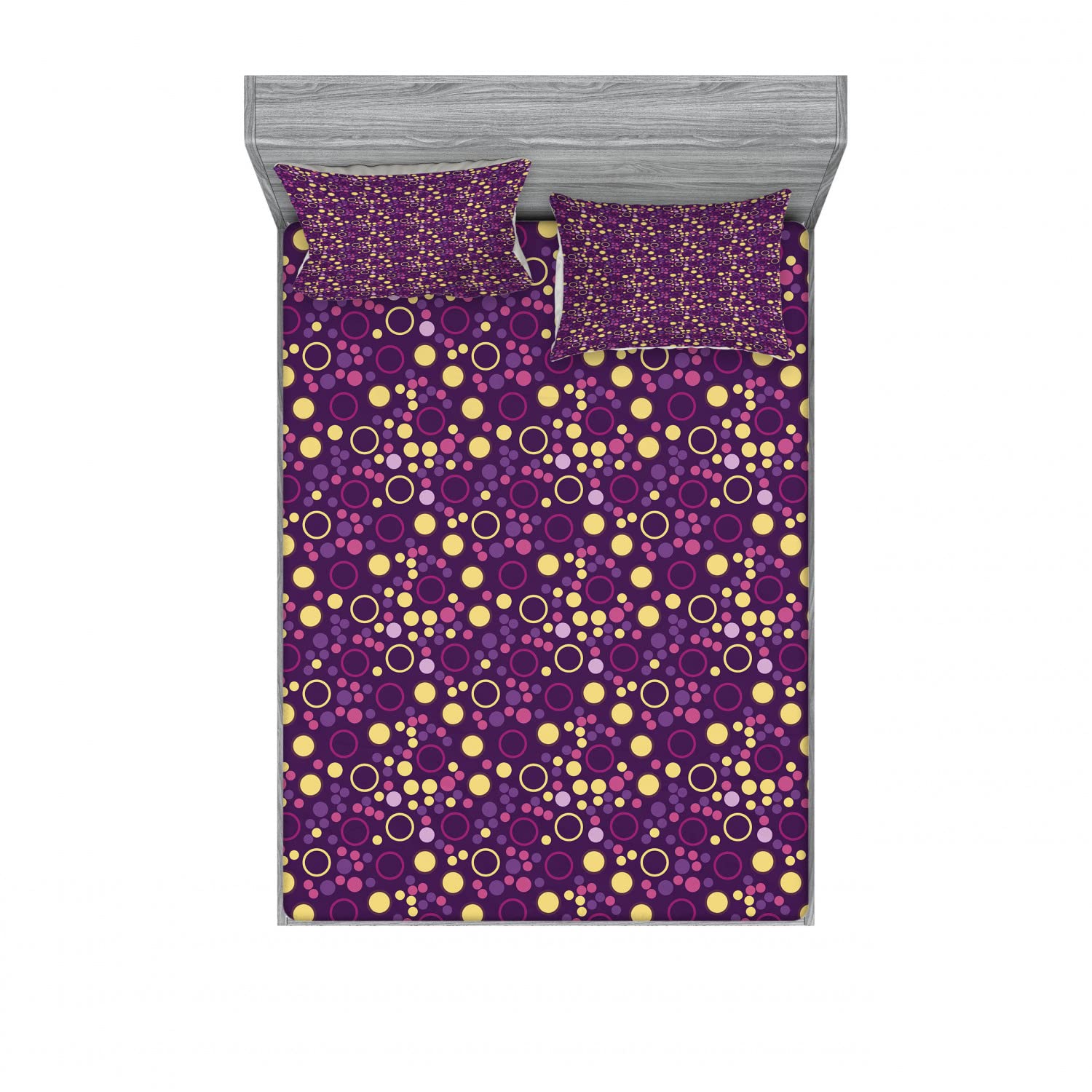 Ambesonne 2-Pack Queen Size Fitted Sheet & Pillow Sham Set - Abstract Polka Dots and Circles Design, Purple & Brown 4-Piece Bedding Set for Home Decor | Perfect for Guest Rooms, Master Bedrooms, and Vacation Homes