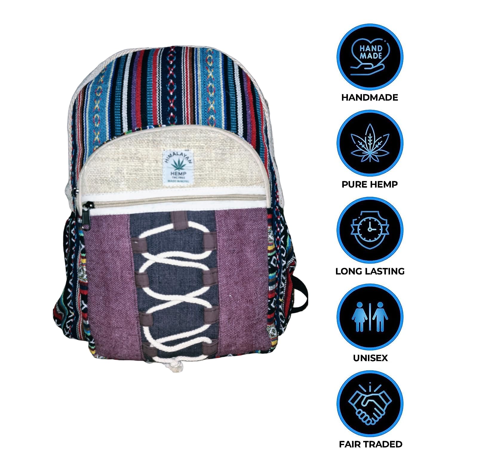 Eddika Natural Vegan Himalayan Hemp Backpack - Large Eco-Friendly Hiking & Festival Backpack for Men, Women, Boys & Girls - Perfect for Outdoor Adventures, Travel & Daily Use