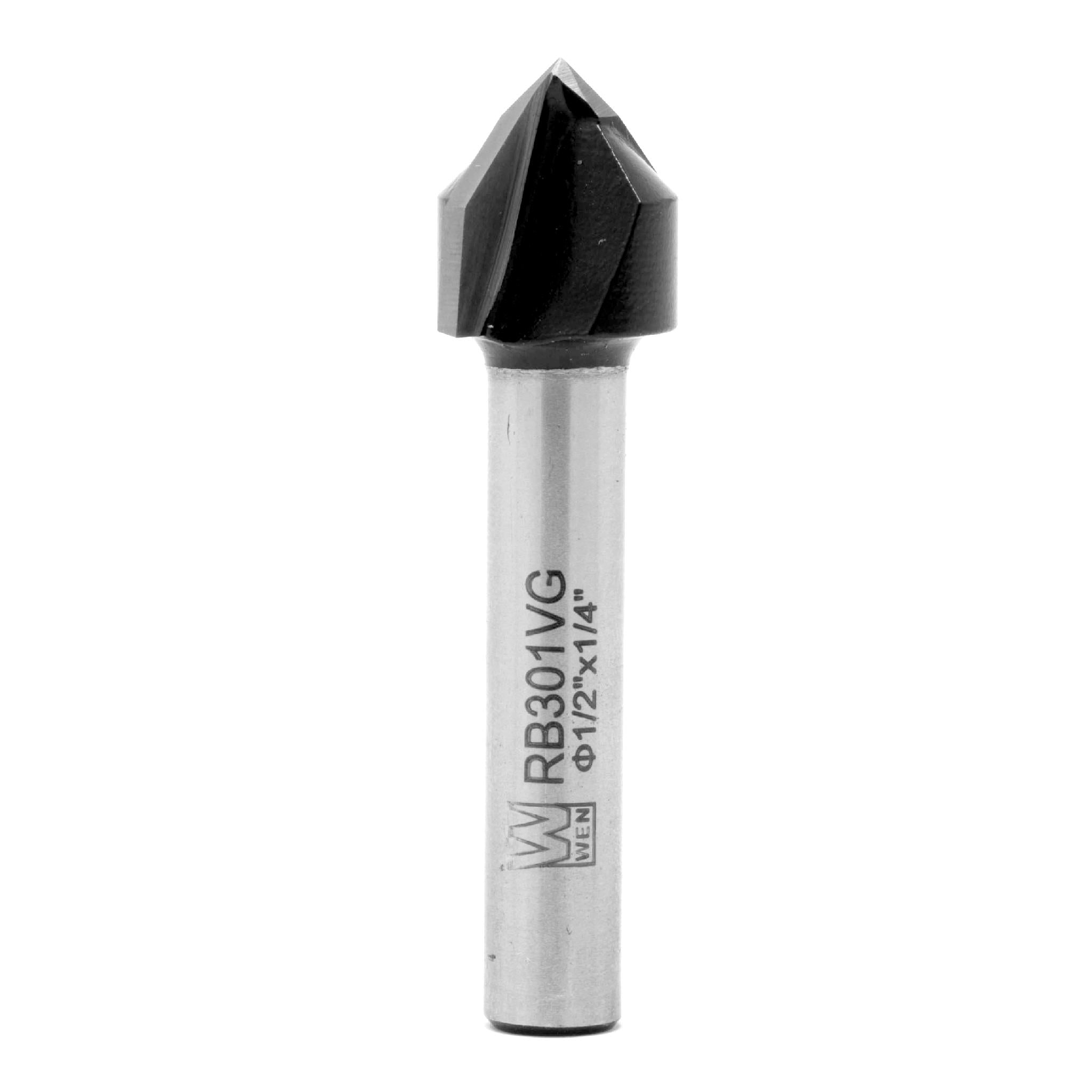 WEN RB301VG 1/2 Inch V Groove Carbide Tipped Router Bit with 1/4 Inch Shank - Perfect for Woodworking, Sign Making, and Decorative Edge Cutting