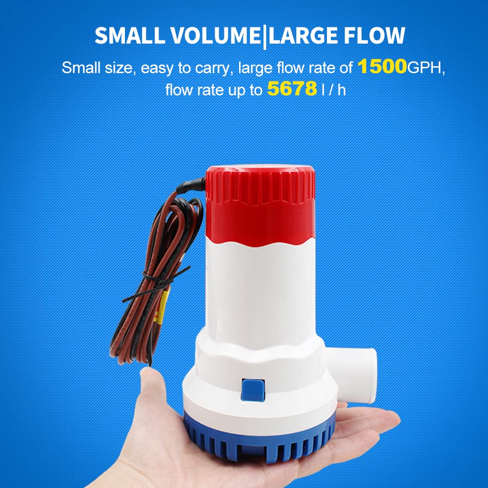 MAKERELE 12V 1500GPH Low Noise Electric Bilge Pump - Non-Automatic Water Pump for Boat, RV, Pool, Yacht & Water Tank | Heavy Duty Marine & Outdoor Use