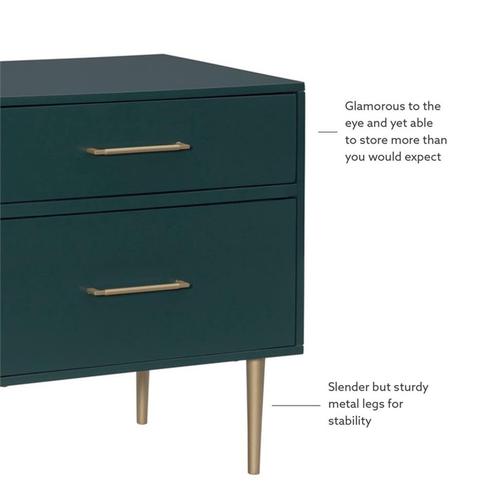 Linon Dylan Dark Green Wood Nightstand with 2 Drawers & Gold Accents - Modern Bedside Table for Bedroom, Guest Room or Dorm (18.5