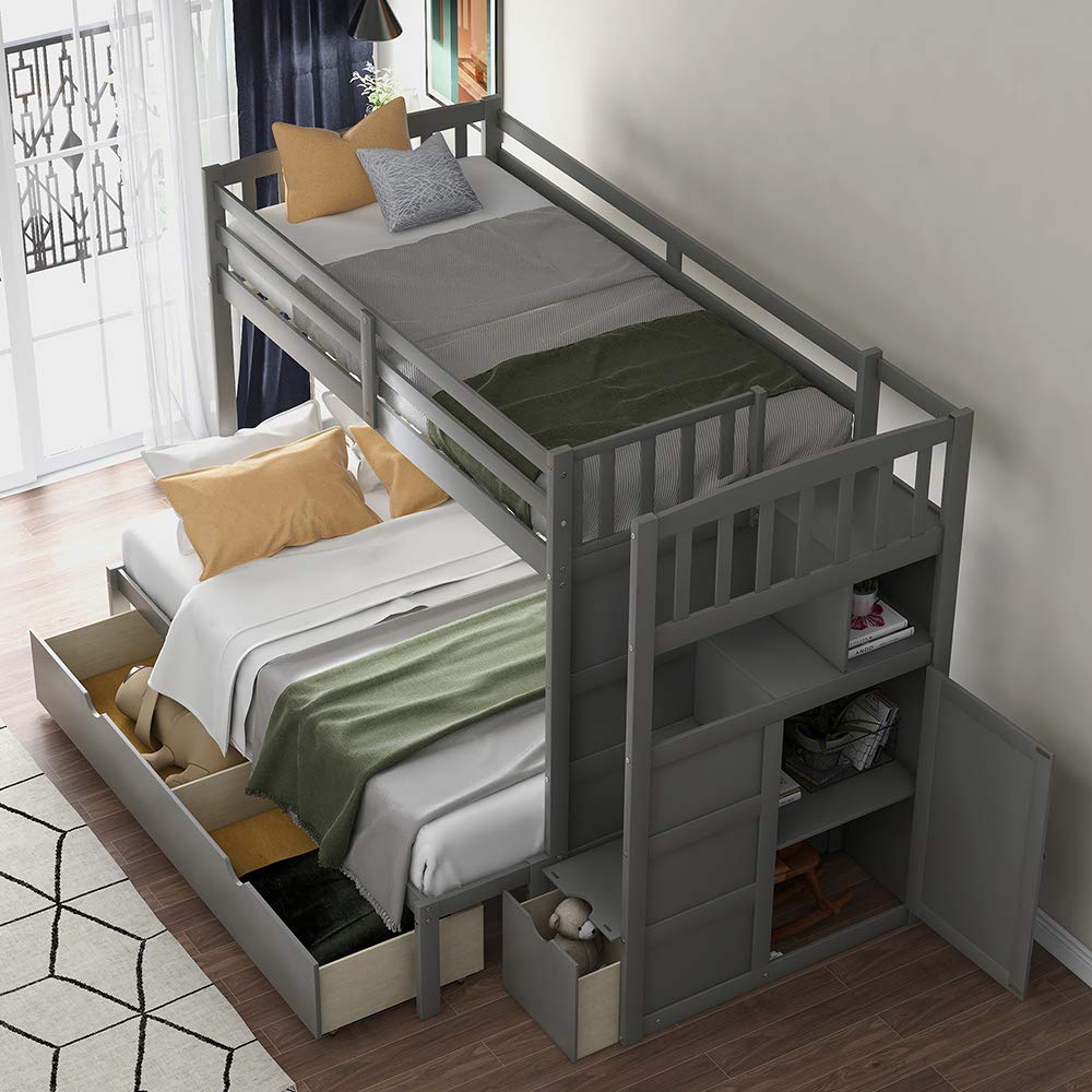 Twin Over Full Bunk Bed with Trundle - Solid Wood Bunk Bed Frame with Safety Guard Rails, Storage Shelves & Drawers, Convertible Bottom Bed (Gray) - Perfect for Kids' Bedrooms, Guest Rooms & Small Spaces