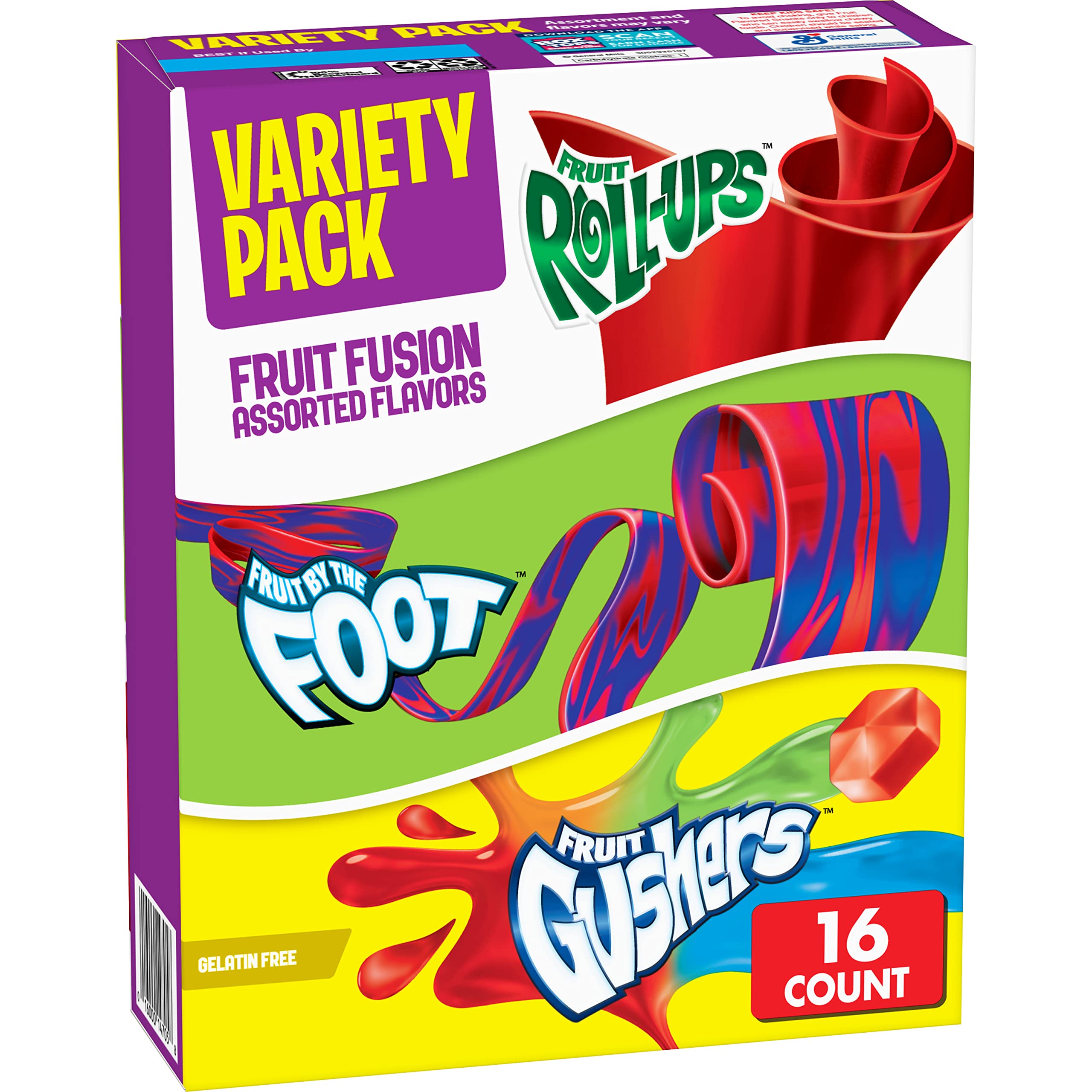 Betty Crocker Fruit Snacks Variety Pack - Fruit Roll-Ups, Fruit by the Foot & Gushers (16 Count, Pack of 6) | Healthy Kids Snacks for Lunch Boxes, School & After School Treats