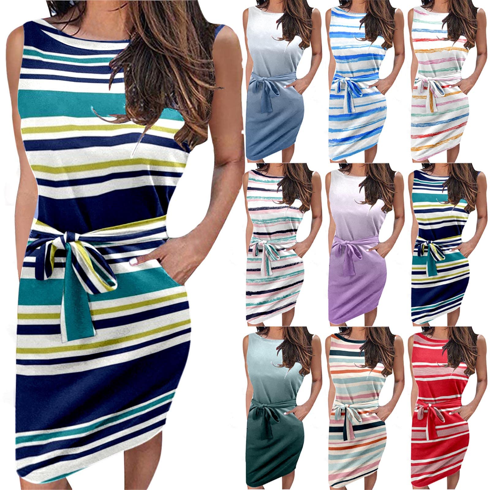 2022 Women's Wrap Dresses for Wedding Guest - Striped Plus Size Summer Sleeveless Smocked Dress with Tie Pocket | Perfect for Beach Vacations, Cocktail Parties & Casual Outings