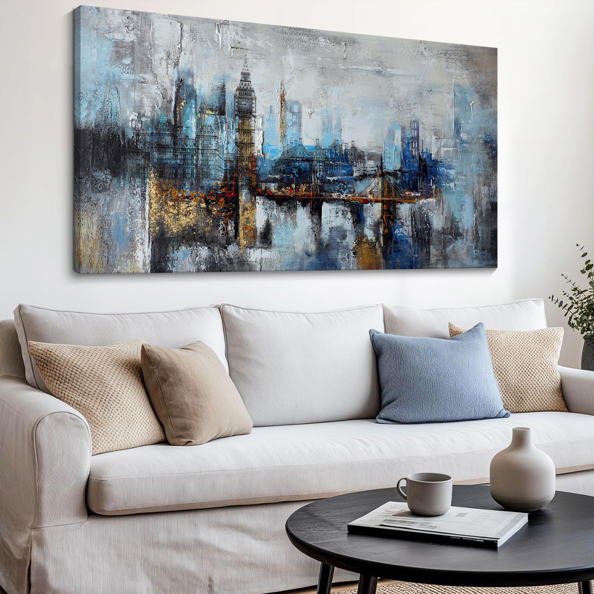 Large Abstract City View Canvas Wall Art - Modern Gray Blue Buildings Print for Bedroom, Living Room & Office Decor - 29x58 Inches - Perfect for Contemporary Home & Workspace Styling
