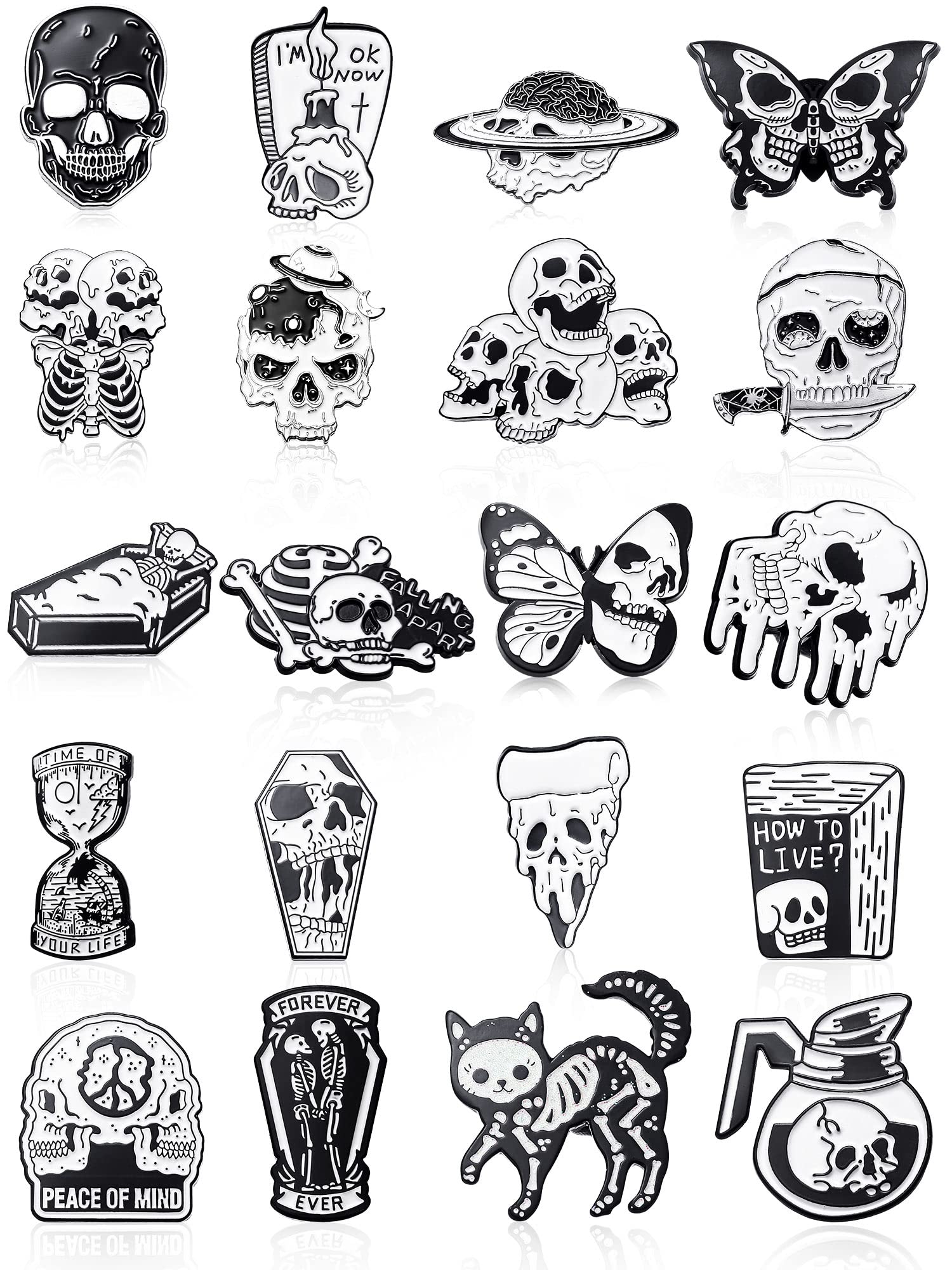BBTO 20-Piece Gothic Skull Enamel Pin Set - Spooky Skeleton Brooches for Jacket, Backpack & Hat - Dark Cartoon Horror Pins for Halloween Costume, Goth Fashion & Punk Accessories