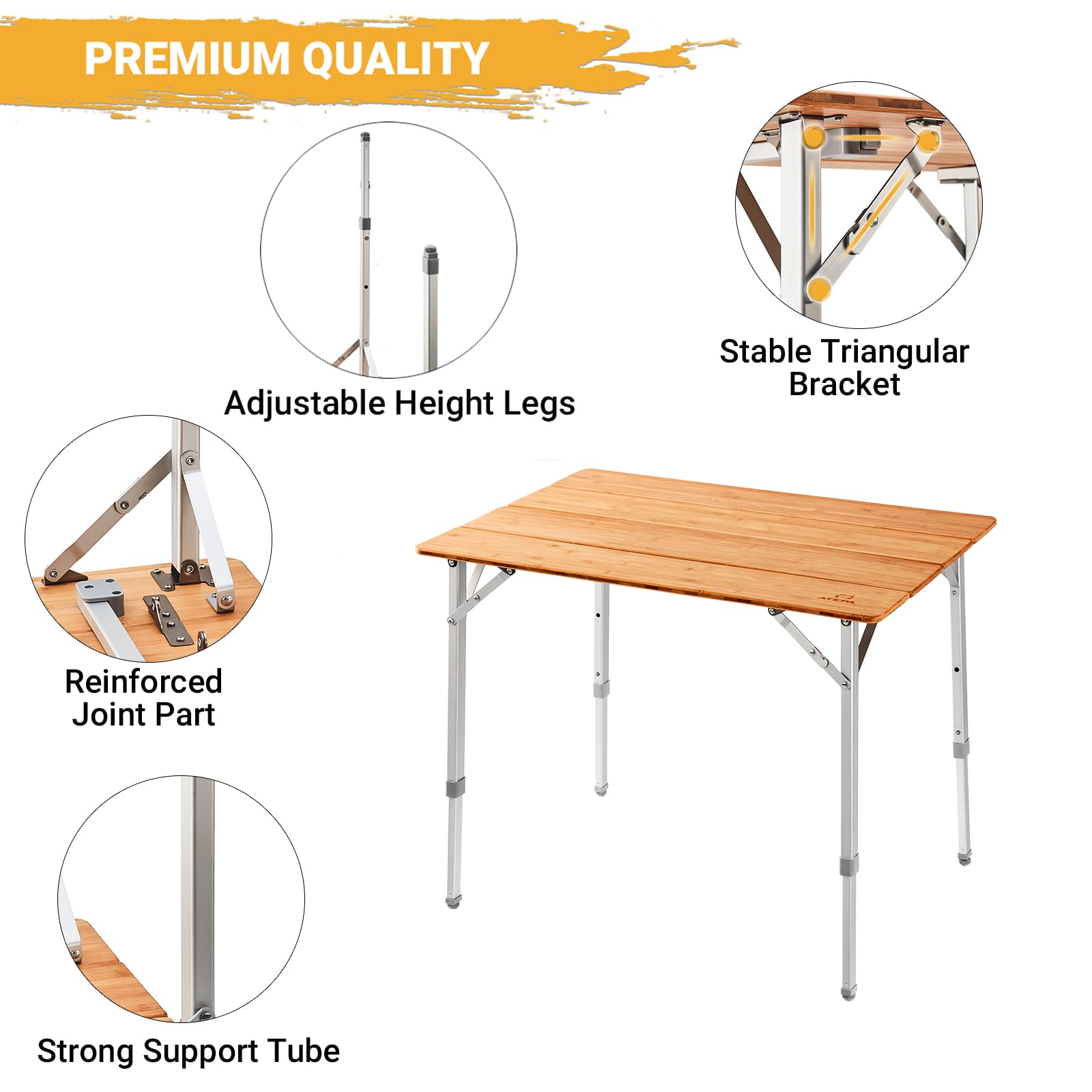 ATEPA Adjustable Height Bamboo Folding Camping Table with Aluminum Legs - Portable Outdoor Coffee Table for Patio, Travel, Picnic, Indoor & Outdoor Use - Perfect for Backyard BBQs, Beach Trips and RV Camping