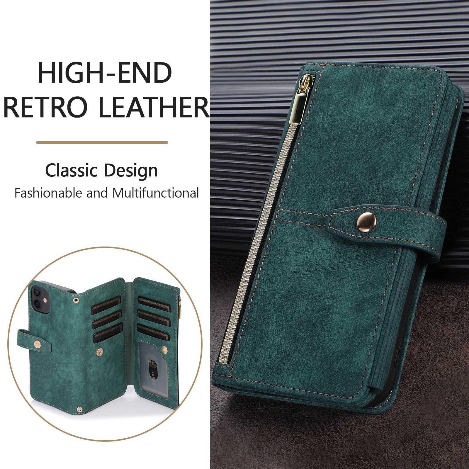 UEEBAI Retro Leather Wallet Case for iPhone 13 & iPhone 14 (6.1 inch) - 9 Card Slots, Shockproof Flip Cover with Hand Strap, Zipper Pocket, Kickstand & Magnetic Closure - Perfect for Travel, Shopping & Everyday Use - Retro Green