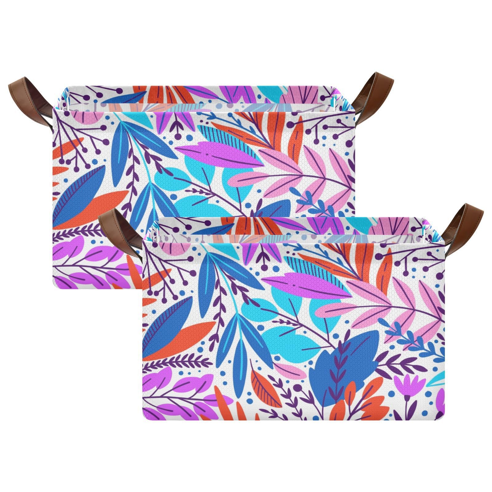 Yuiboo 2-Pack Foldable Storage Baskets with Handles - Colorful Tropical Leaf Pattern Organizer Bins for Home, Office & Closet Organization | Perfect for Shelves, Cabinets & Laundry Room Storage