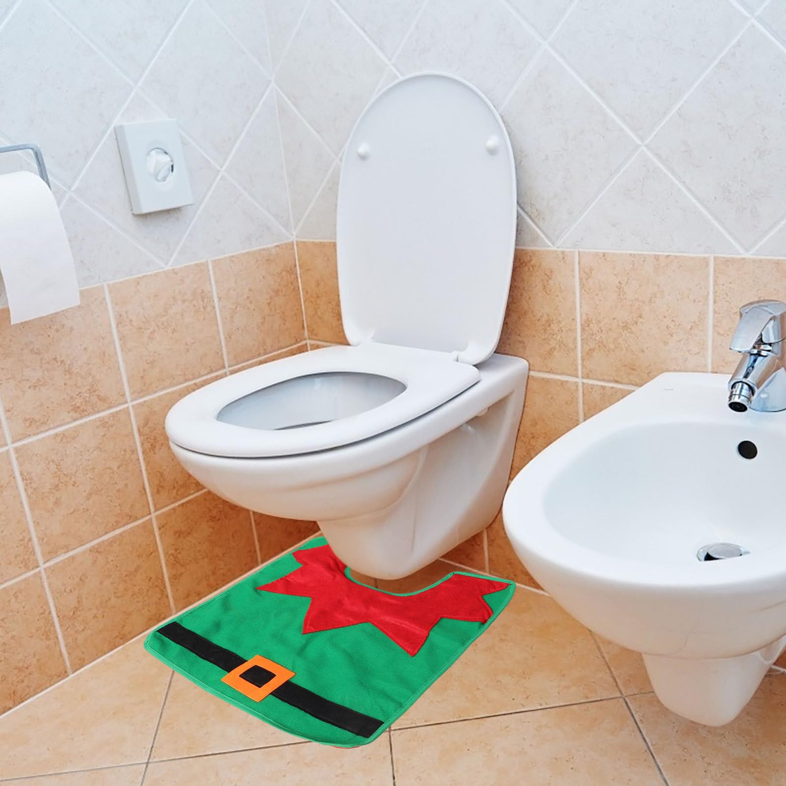 3-Piece Christmas Toilet Cover and Bathroom Rug Set - Funny Elf Design Holiday Decor with Toilet Lid Cover, Floor Mat & Tank Cover - Perfect for Home, Hotel & Holiday Party Decorations (Festive Bathroom Decor for Christmas Parties & Family Gatherings)