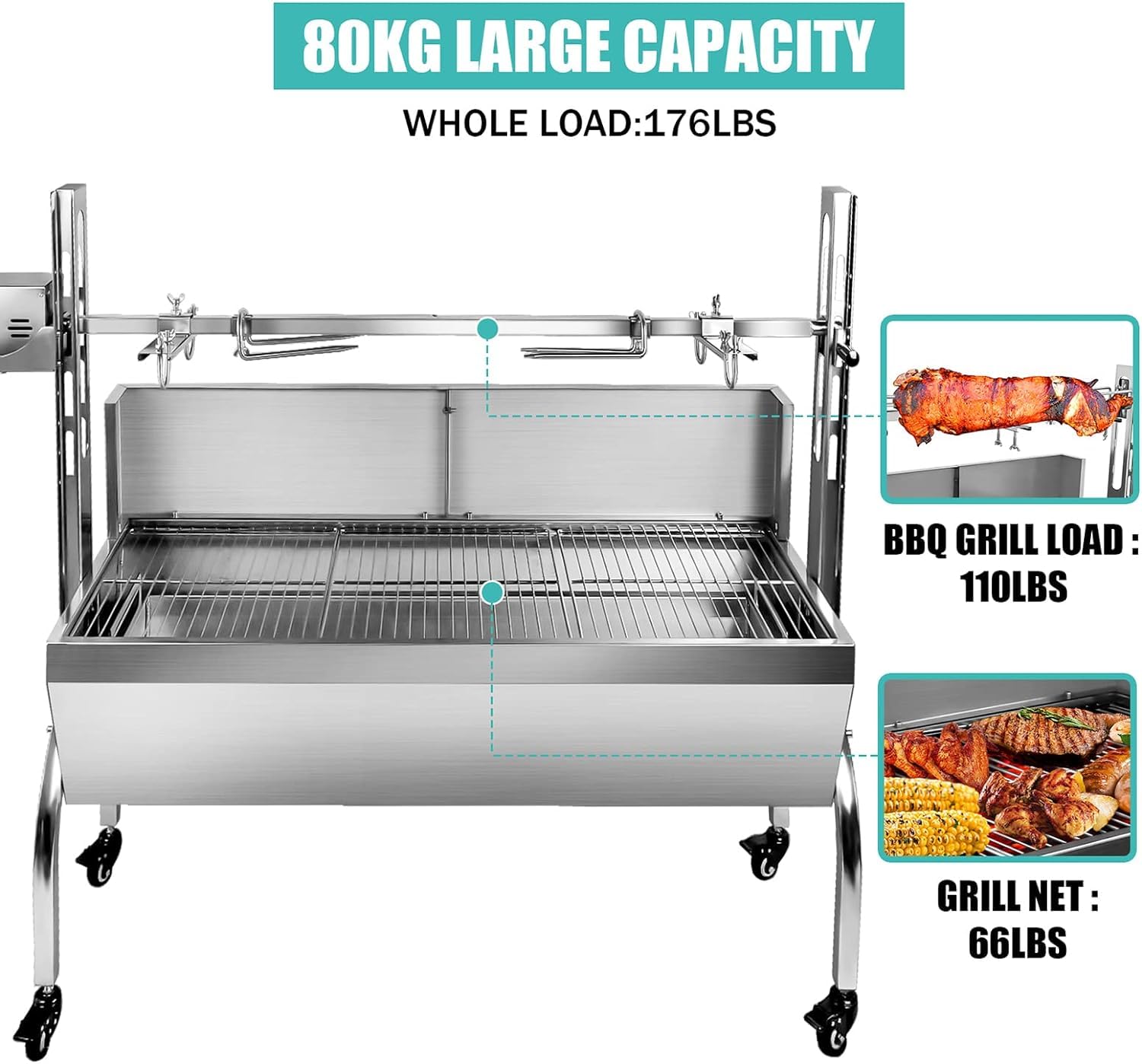 Portable Stainless Steel Charcoal Rotisserie Grill for Whole Pig, Lamb, Goat - 25W Motor with Back Cover Guard & Baffle (176 lbs Capacity) - Perfect for Backyard BBQs, Camping, and Outdoor Parties