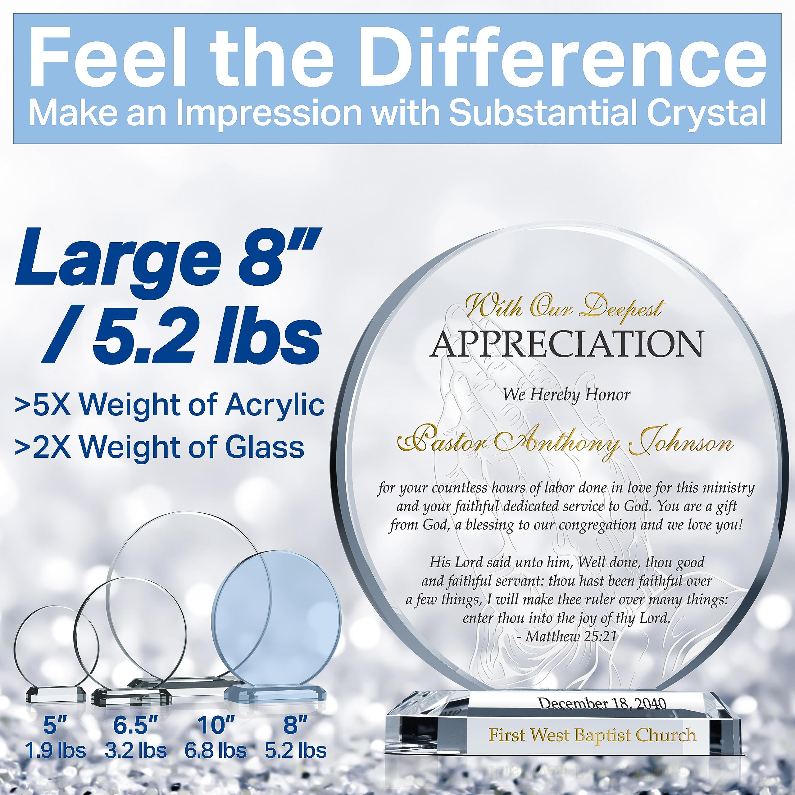 Custom Crystal Pastor Appreciation Plaque with Bible Verse - Church Thank You Gift for Volunteers & Staff