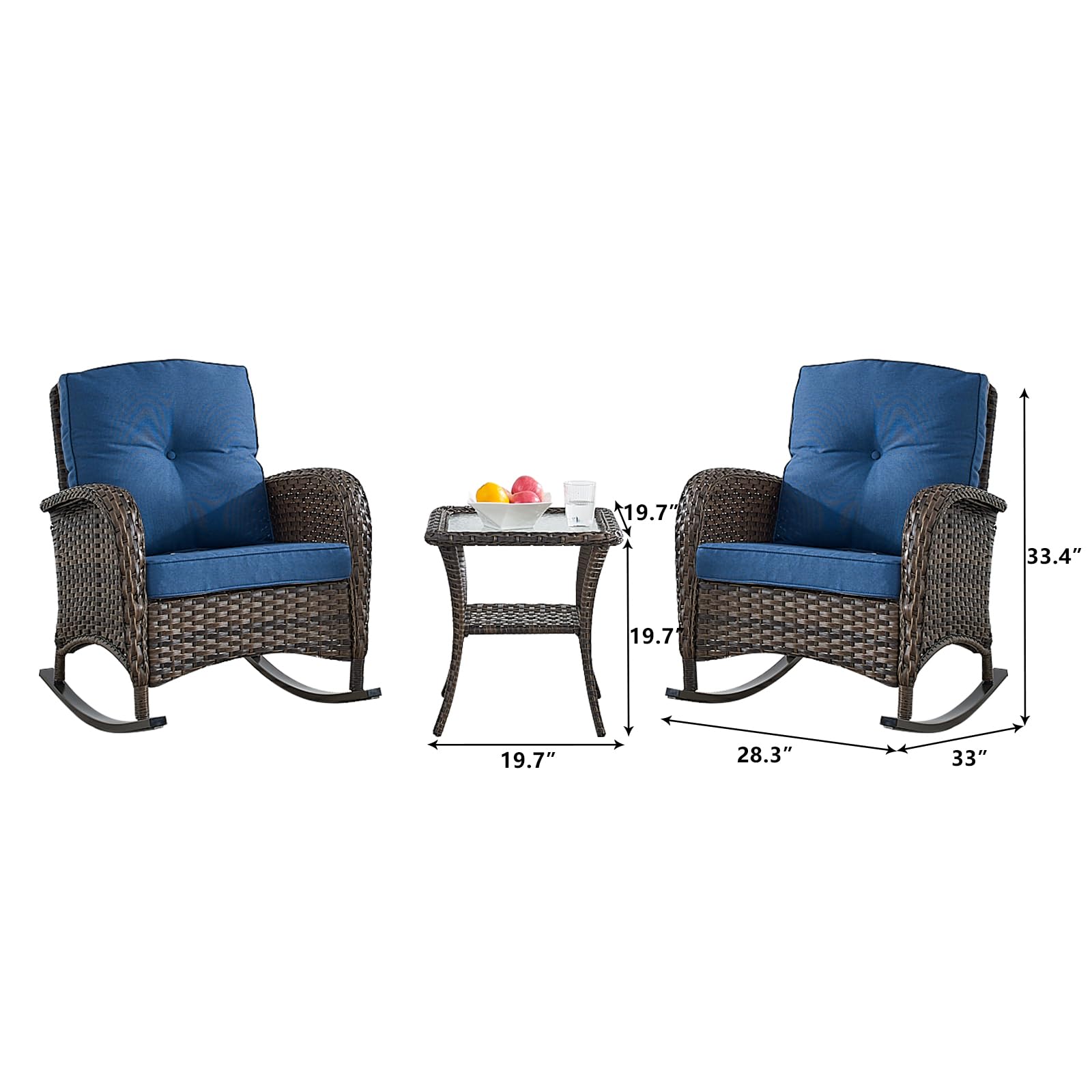 HUMMUH 3-Piece All-Weather PE Wicker Outdoor Rocking Chair Set with Side Table & Cushions - Patio, Porch, Balcony Furniture for Relaxing & Entertaining