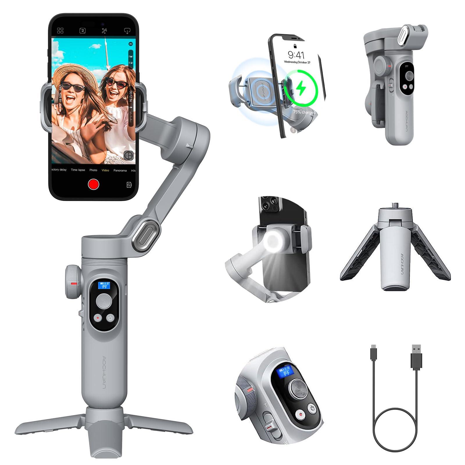 AOCHUAN Smart X Pro 3-Axis Phone Gimbal Stabilizer for iPhone 15/14/13/12 Pro Max/XS & Galaxy S23 - Professional Smartphone Stabilizer with Wireless Charging, OLED Display & LED Light - Perfect for Vlogging, Live Streaming & Smooth Video Recording