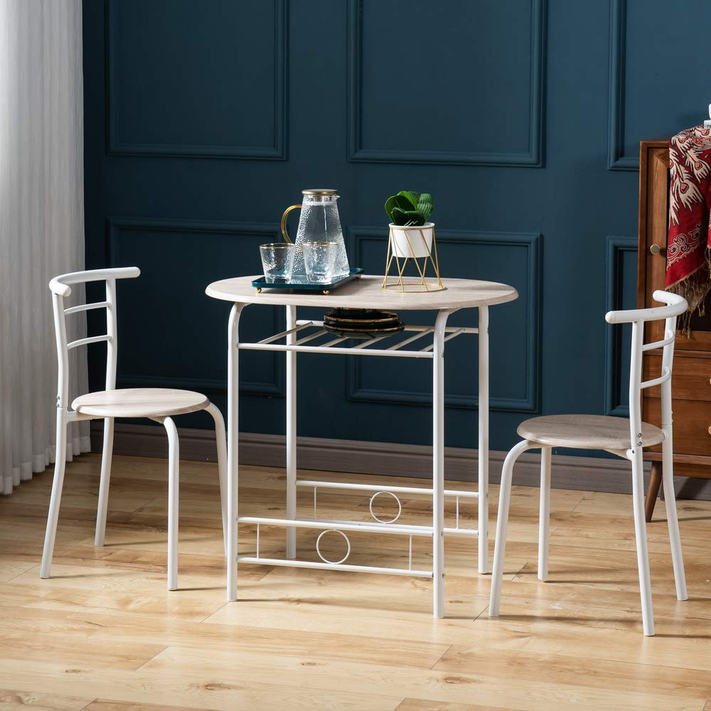 3 Piece Kitchen Table Set - Compact Dining Table with Wine Rack & 2 Metal Frame Chairs, Easy to Clean & Portable - Perfect for Small Spaces, Apartments, Breakfast Nooks & Outdoor Dining (Oak White)
