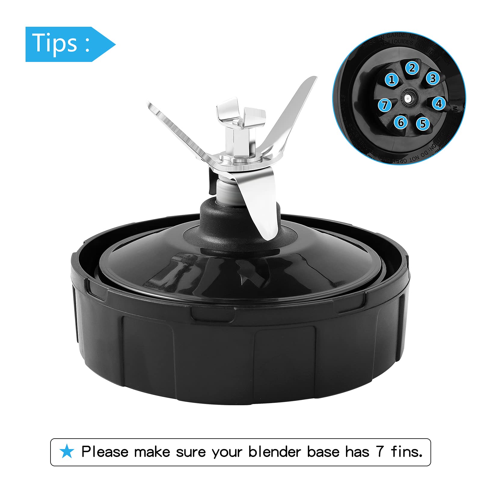 7-Fins Replacement Blender Blade for Nutri Ninja BL450-30 BL454-30 BL480-30 BL481-30 - Includes Cup Brush & Rubber Gasket - Compatible Blender Parts for Smoothies, Juices & Food Prep
