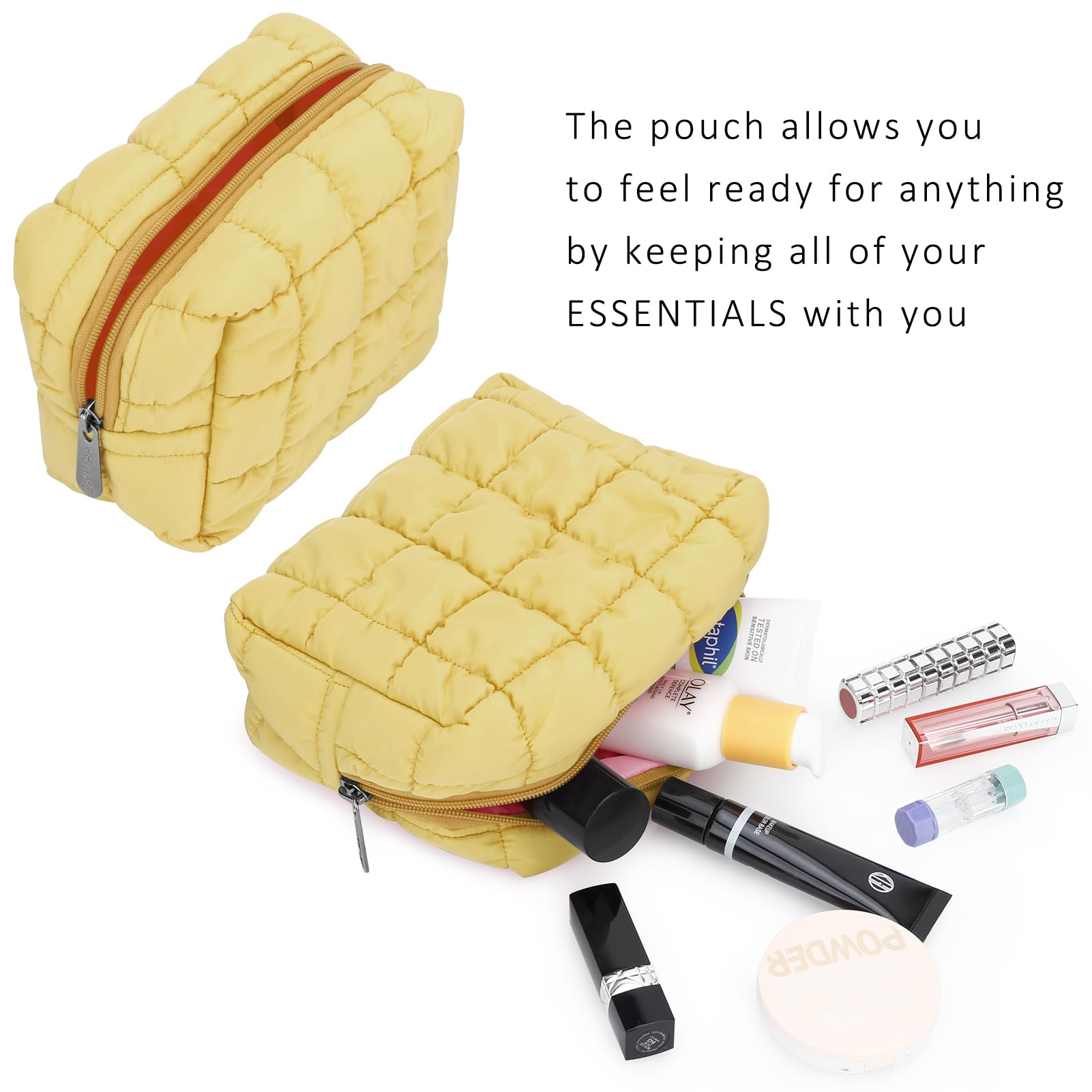 E-Tree Cute Quilted Makeup Bag - Waterproof Cosmetic Pouch for Travel & Purse Organization - Checkered Toiletry Zipper Case (Yellow) - Perfect for Daily Makeup Storage, Gym Essentials & Weekend Getaways