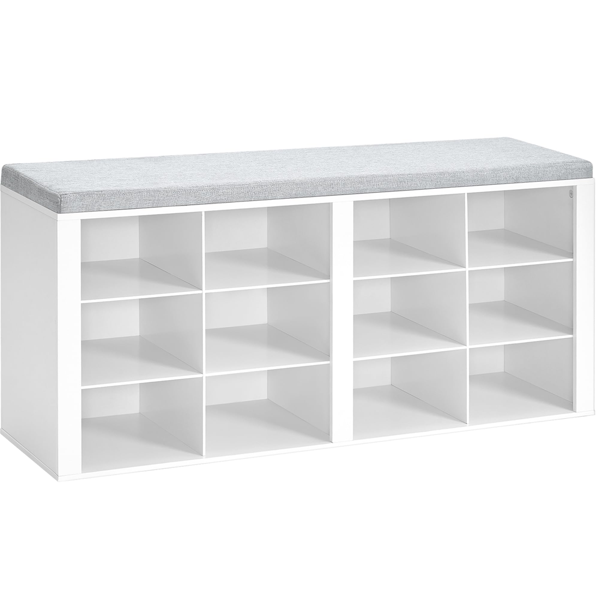 White Shoe Bench with Cushion - 12-Cubby Entryway Storage Bench with Adjustable Shelves | Shoe Organizer Cabinet for Living Room, Bedroom & Hallway | Perfect for Small Spaces, Apartment Entry & Shoe Storage Solutions