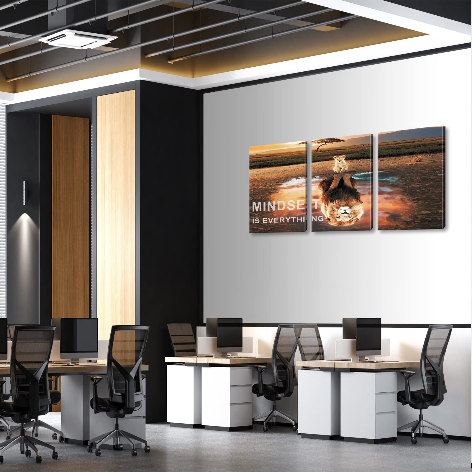 Mindset Is Everything - Motivational Lion Canvas Wall Art Set of 3, Inspirational Quote Paintings for Office & Bedroom Decor - Perfect for Home, Office & Gift Giving