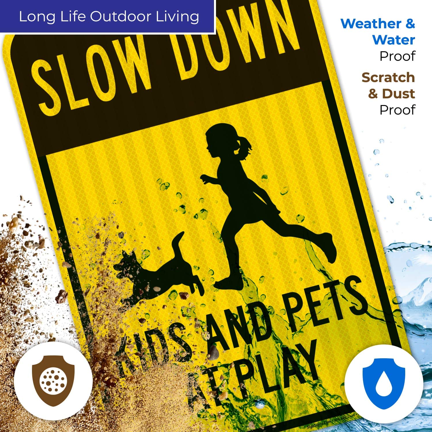 Slow Down Kids and Pets at Play Sign - 12x18 Inch Reflective Aluminum Traffic Sign - 3M EGP .063 Fade-Resistant for Indoor/Outdoor Use - Made in USA - Perfect for Neighborhoods, Schools & Driveway Safety