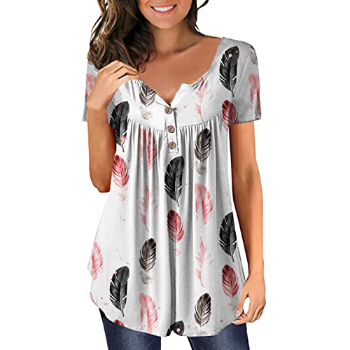 Plus Size Women's Floral Printed Gradient Tie-Dye V-Neck Short Sleeve Button Down Blouse - Oversized Pullover T-Shirt & Tank Top (White, XXXL) for Casual Wear, Summer Outfits & Beach Cover-Ups