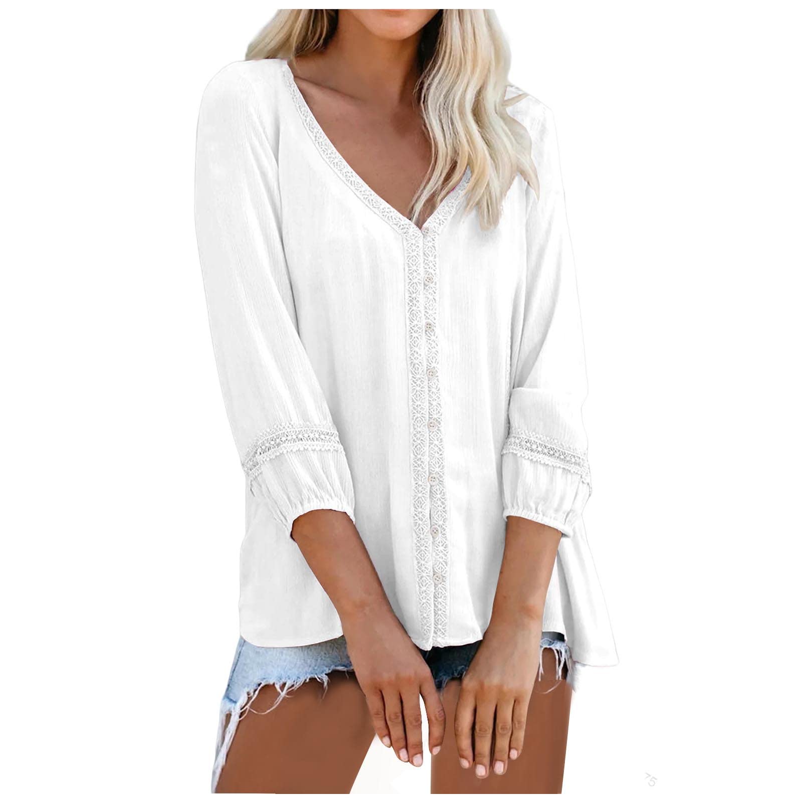 Women's 3/4 Sleeve V-Neck Blouse - Loose Fit Lace Tunic for Work & Casual