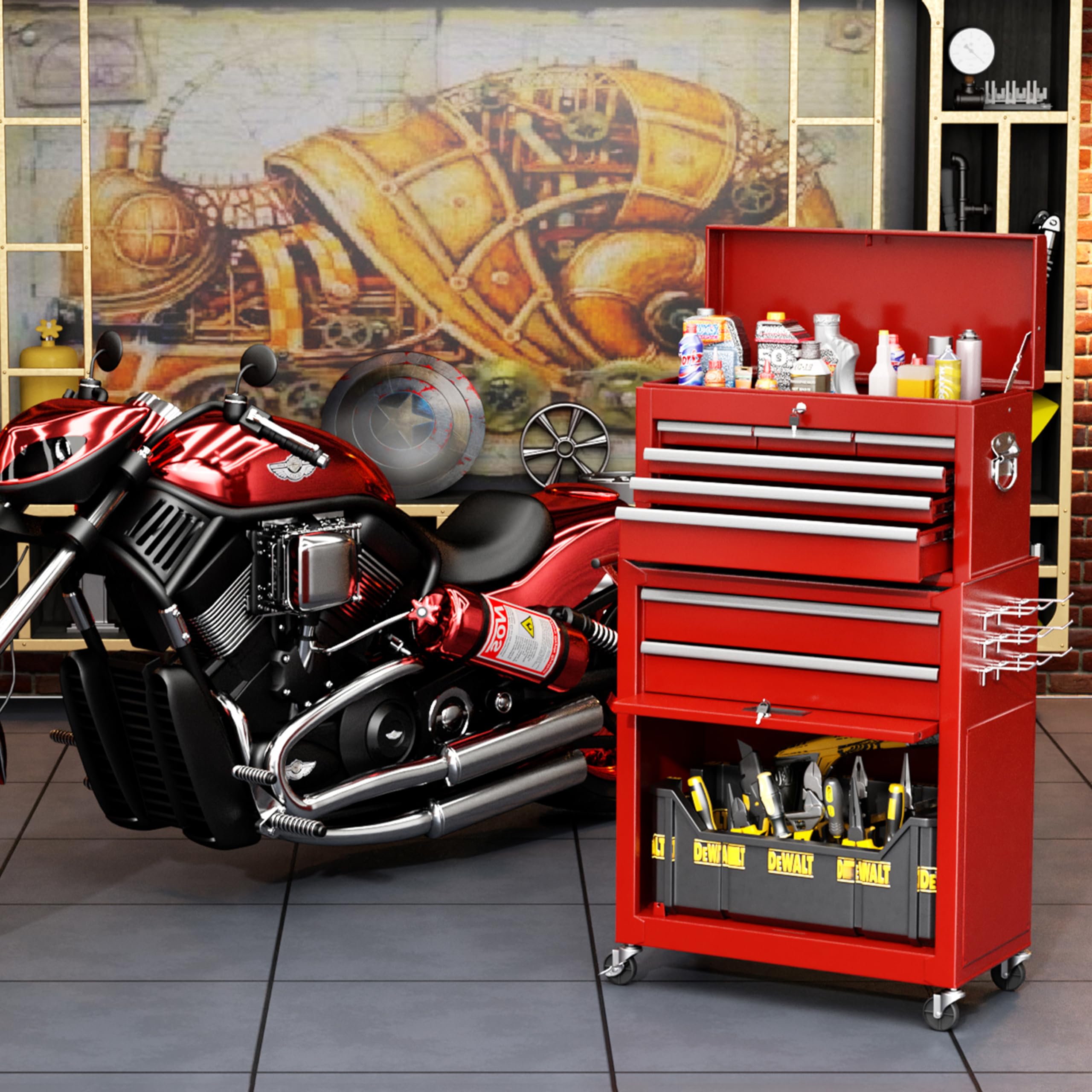INTERGREAT 8-Drawer Rolling Tool Chest with Wheels - Heavy Duty Steel Tool Cabinet Organizer Combo for Garage, Workshop & DIY Projects | High Capacity 2-in-1 Detachable Tool Storage (Red)