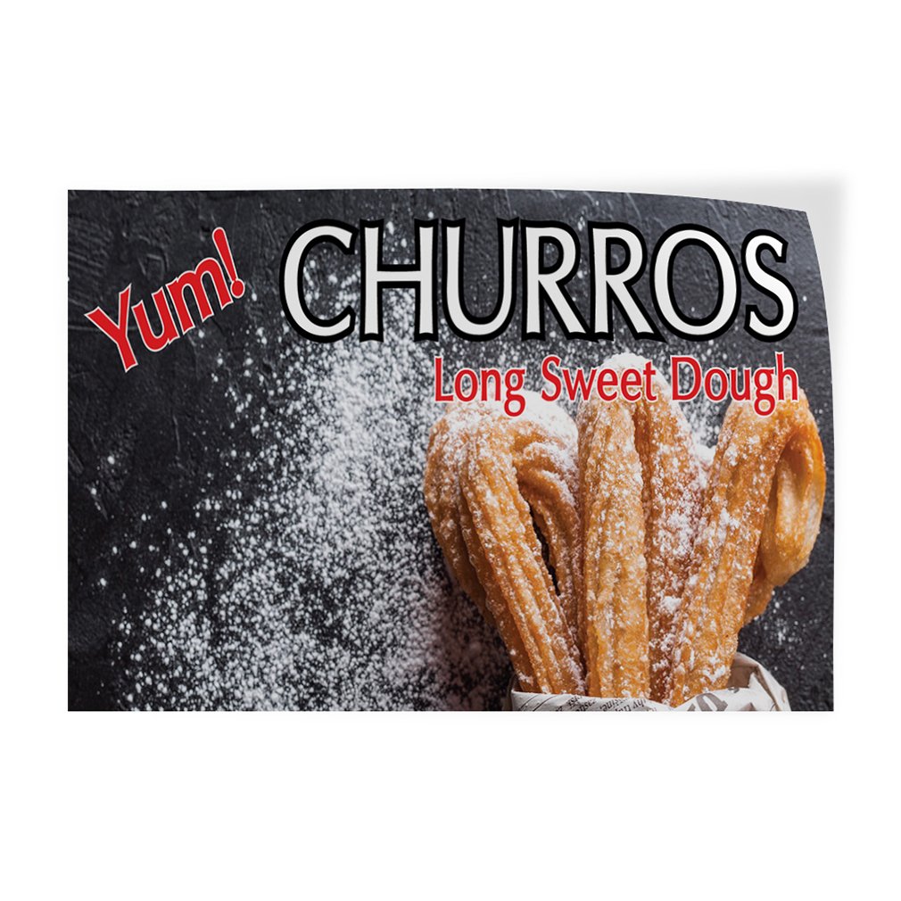 Yum! Churros Decal Sticker - 14x10 Inch Sweet Dough Restaurant Sign, Food Truck & Bakery Decor, Outdoor Store Window Sticker (Yellow)